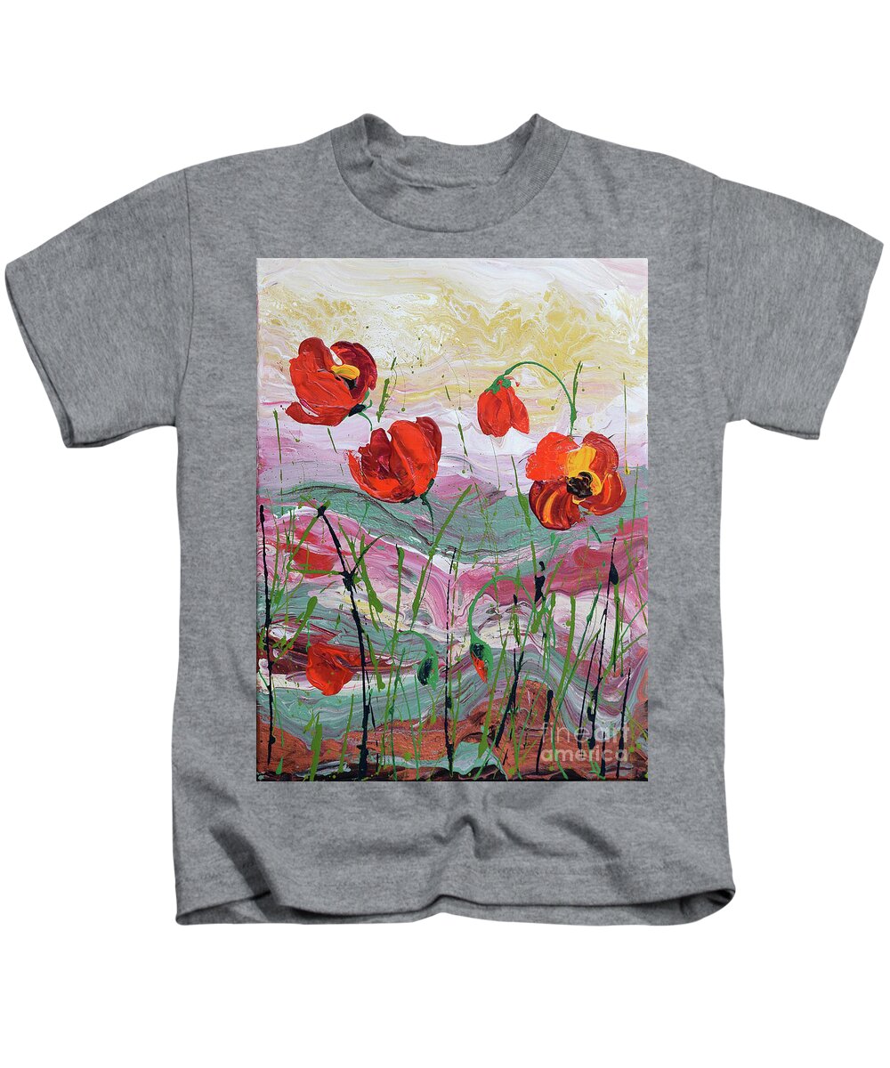 Wild Poppies - Triptych Kids T-Shirt featuring the painting Wild Poppies - 2 by Jyotika Shroff