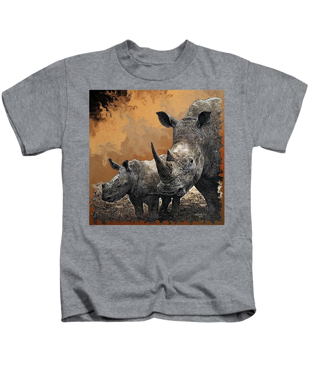 Digital Art Kids T-Shirt featuring the digital art Wild Rhinos by Artful Oasis