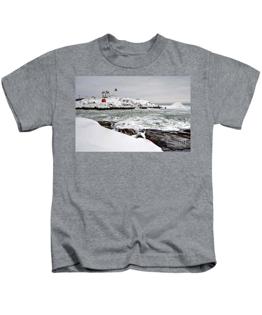 Nubble Lighthouse Kids T-Shirt featuring the photograph Winter at the Nubble by Steve Brown