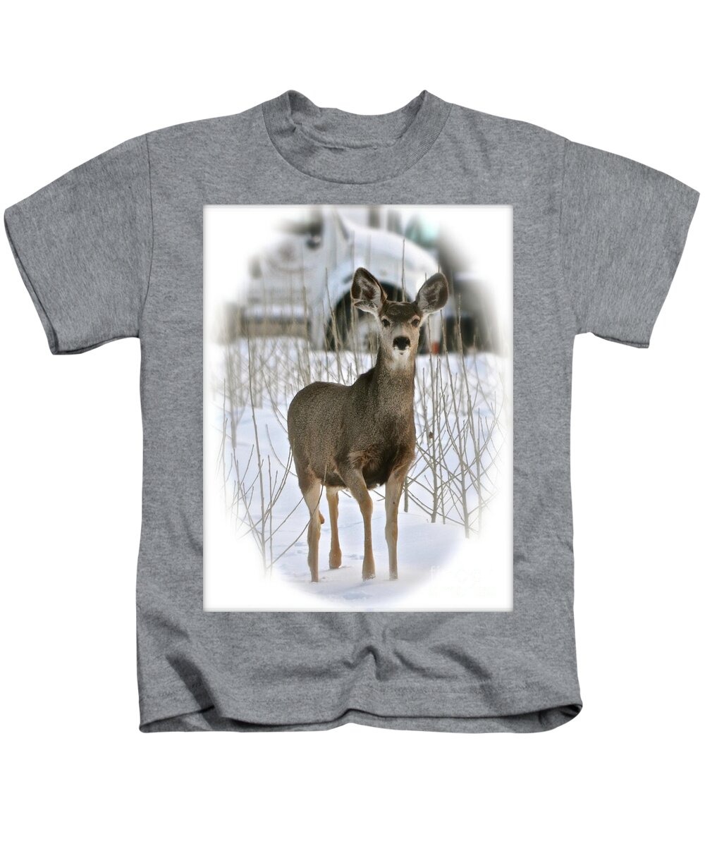 Deer Kids T-Shirt featuring the photograph Winter Deer on the Tree Farm by Cindy Schneider