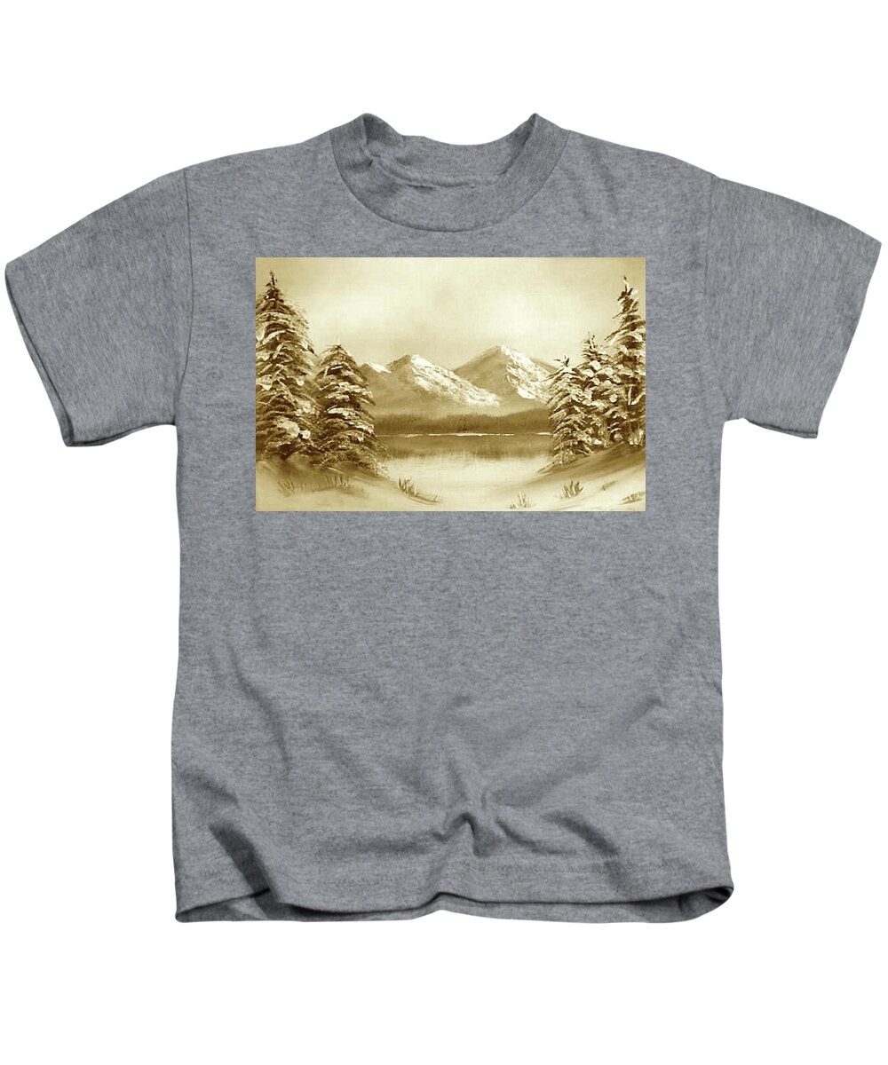 Winter Kids T-Shirt featuring the painting Winter - sepia by Roger Cummiskey