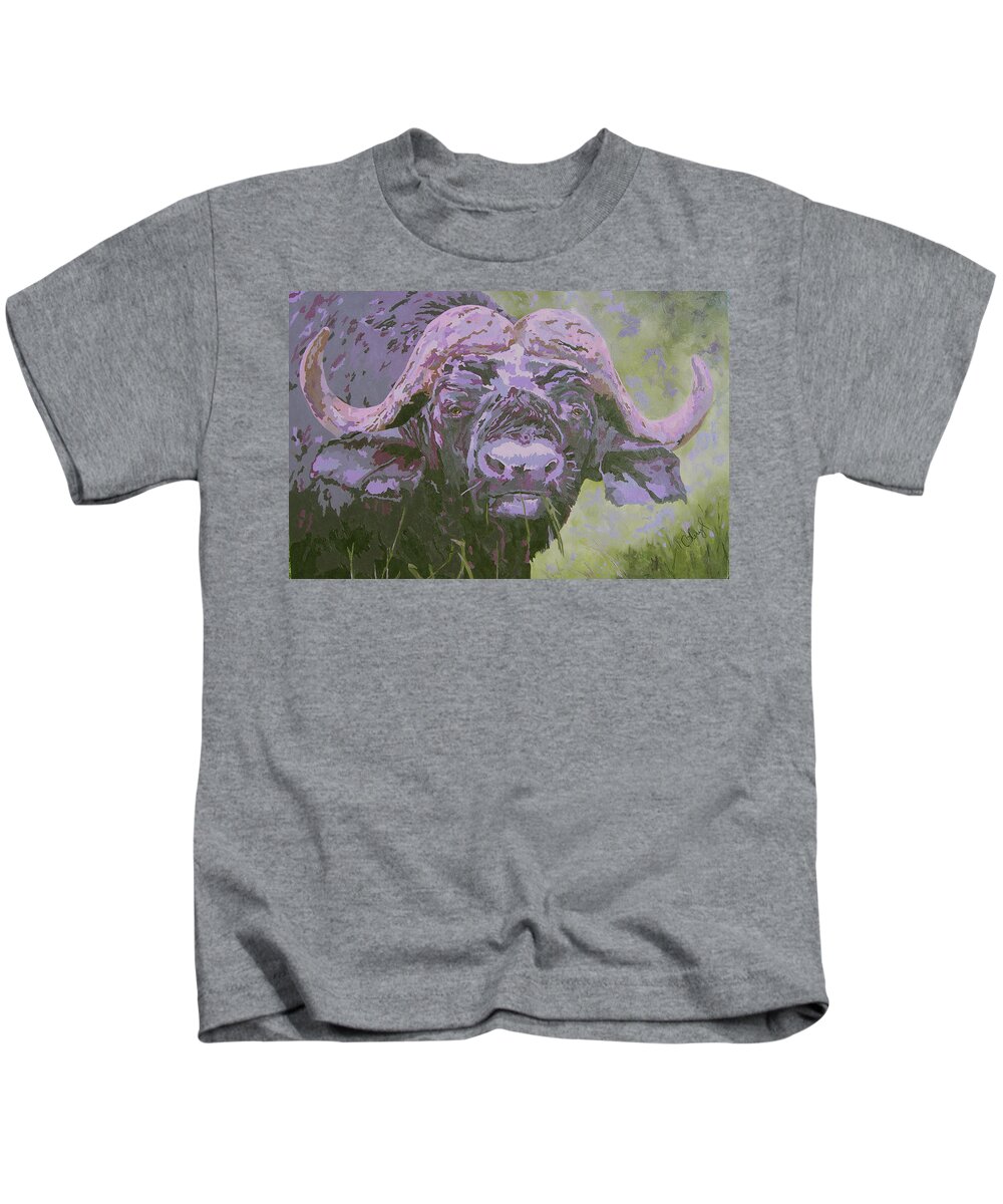 Cape Buffalo Kids T-Shirt featuring the painting With Malice In Mind by Cheryl Bowman