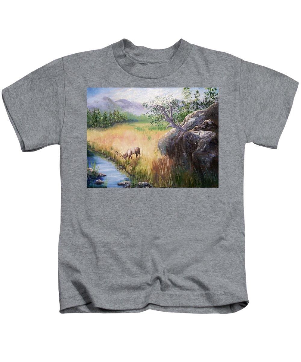Elk Kids T-Shirt featuring the painting Within Yellowstone by Sharon Casavant