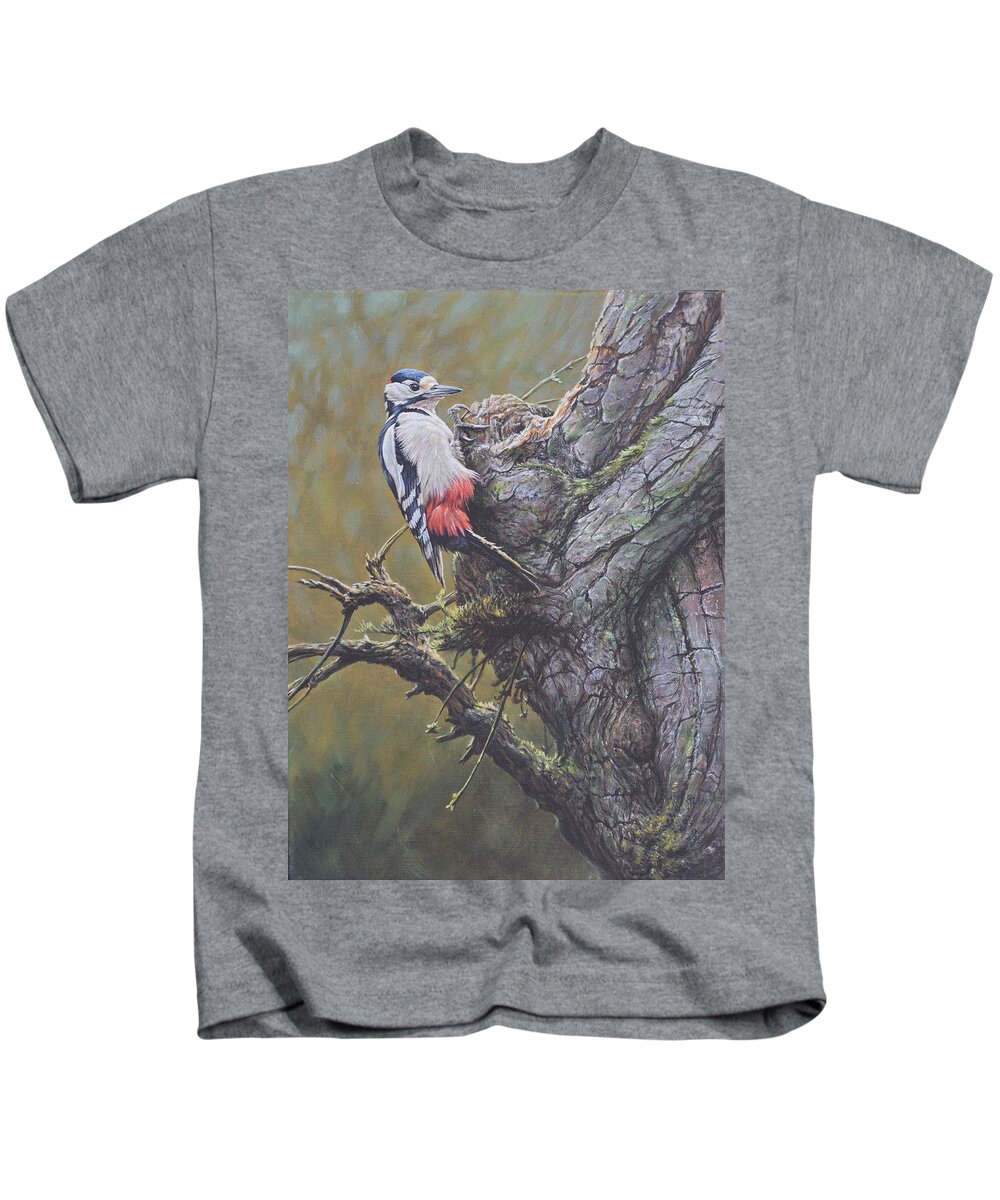 Wildlife Paintings Kids T-Shirt featuring the painting Woodpecker on Tree by Alan M Hunt