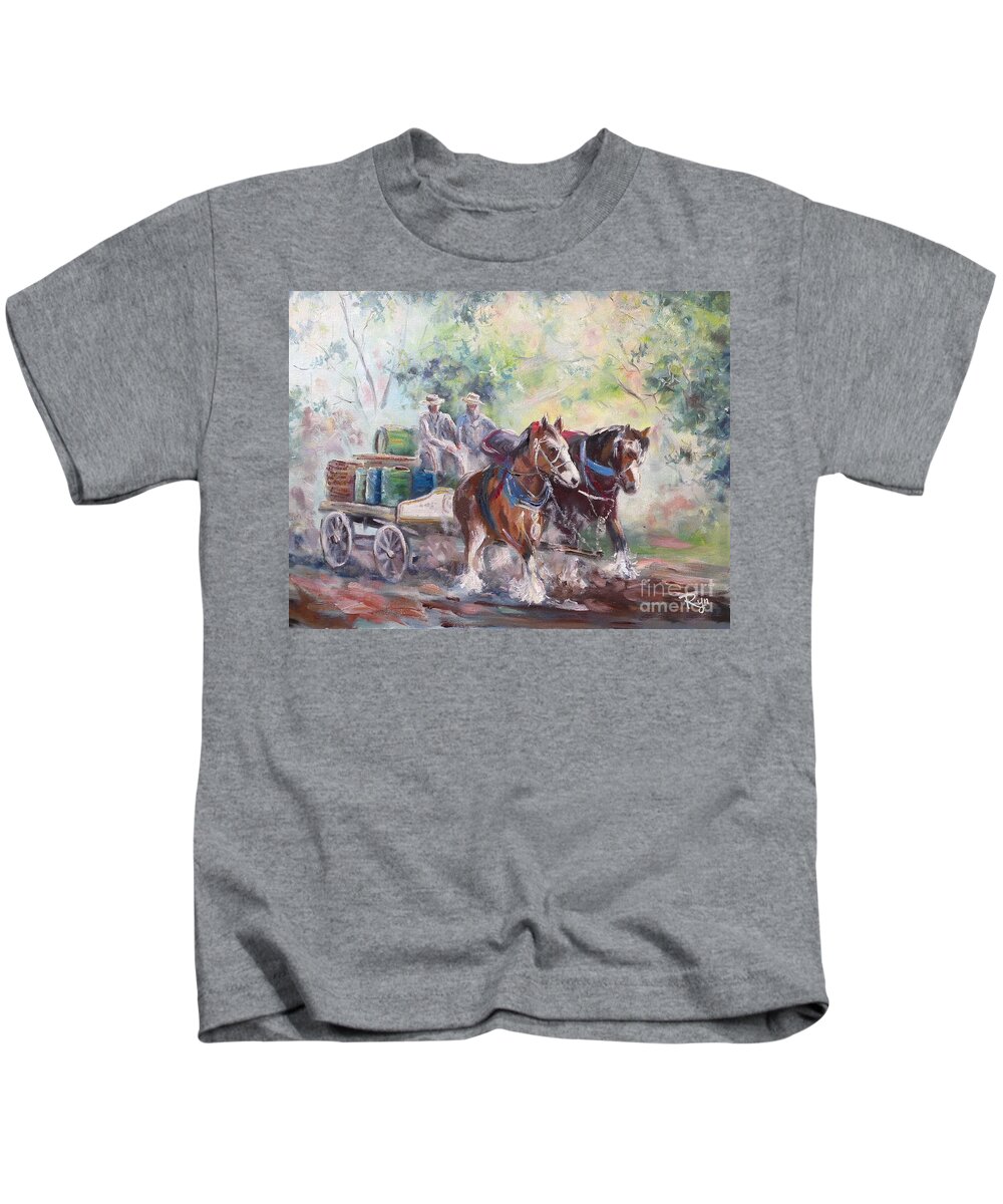 Clydesdale Kids T-Shirt featuring the painting Working Clydesdale Pair, Victoria Breweries. by Ryn Shell