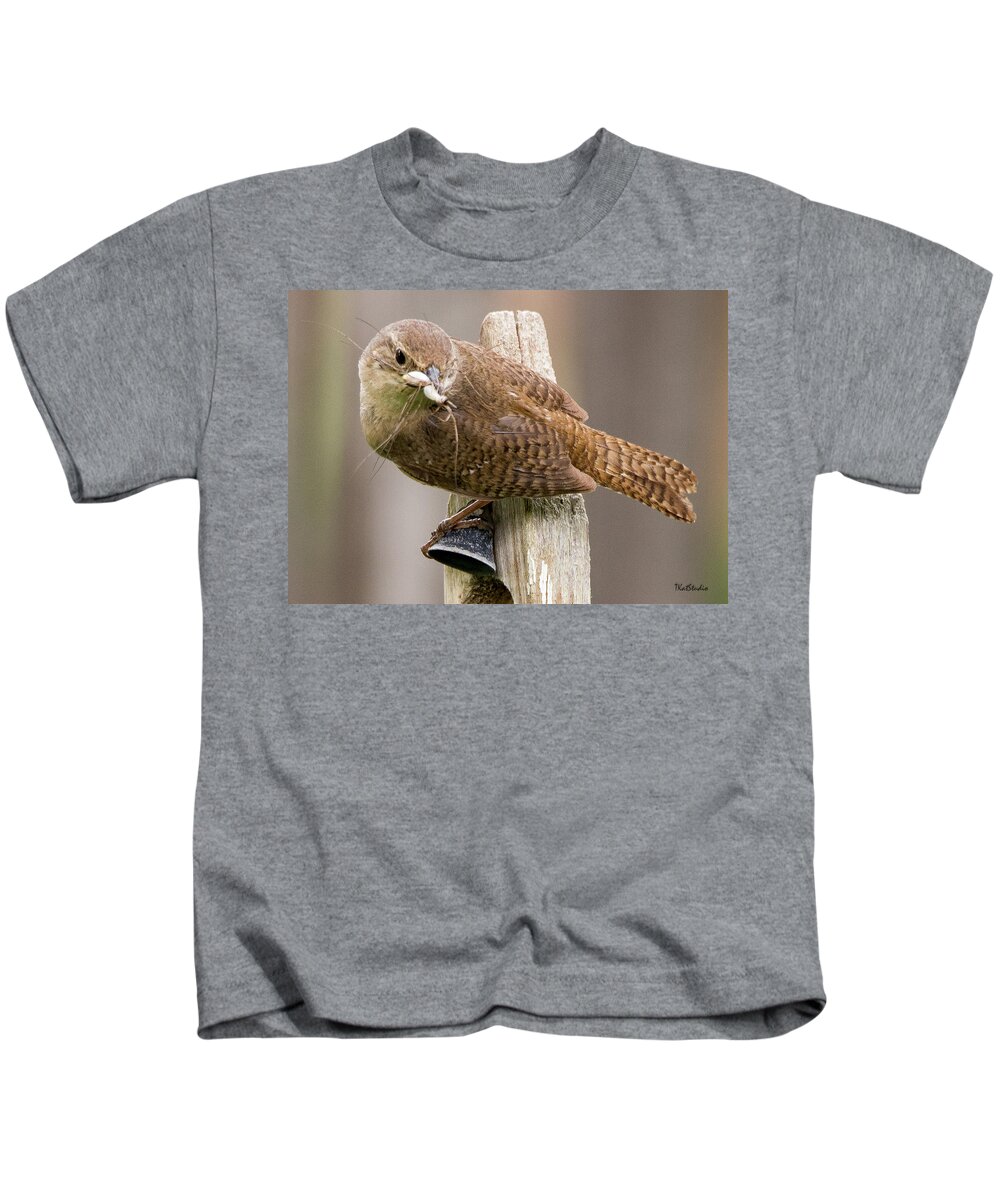 Baby Birds Kids T-Shirt featuring the photograph Wren Ringing the Dinner Bell by Tim Kathka