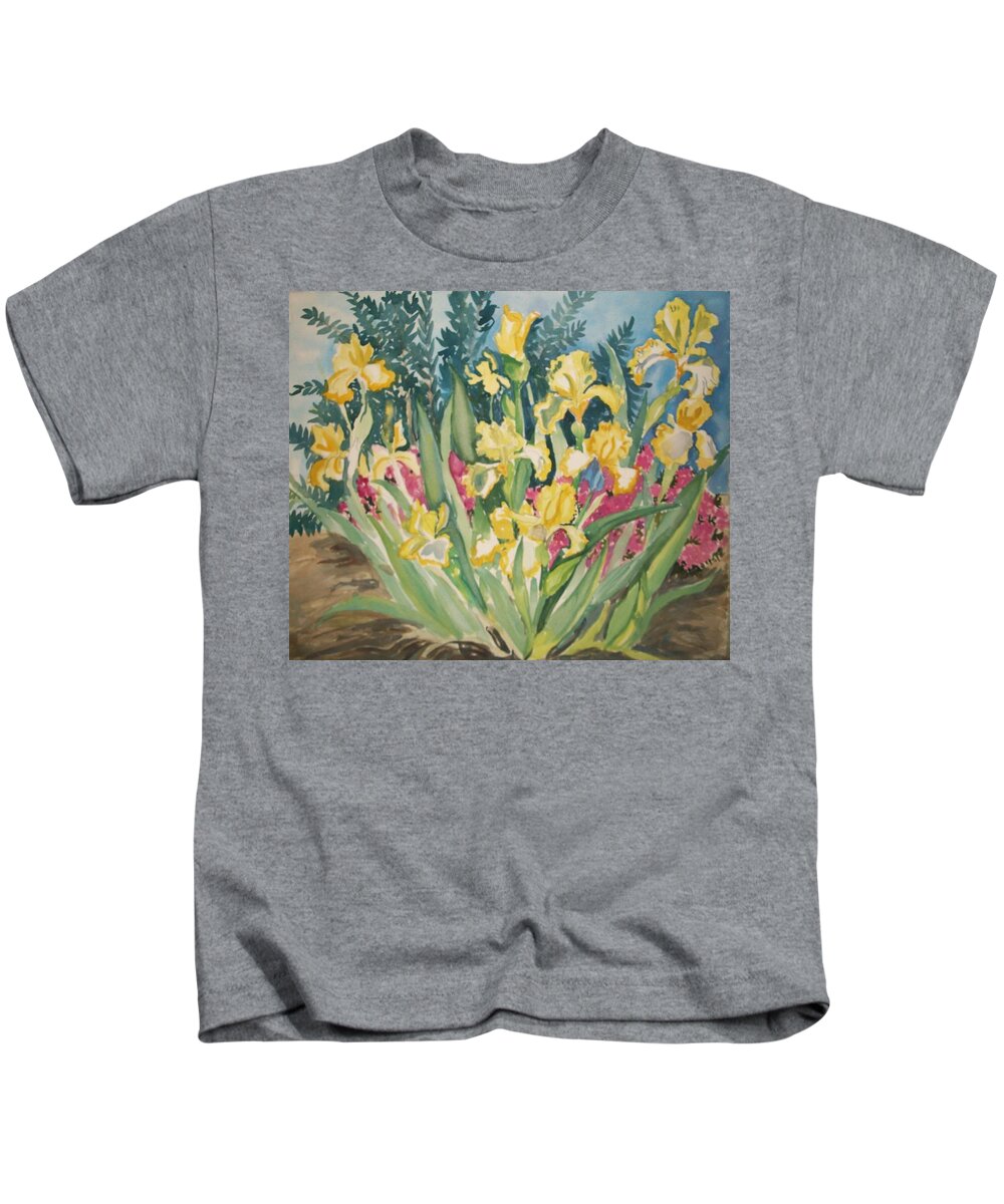 Iris Kids T-Shirt featuring the painting Yellow Iris by Judith Young