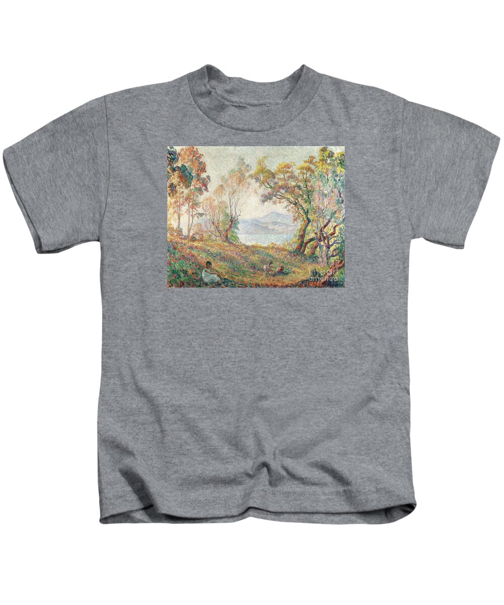 Henri Lebasque � Young Girl In The Forest Kids T-Shirt featuring the painting Young Girl in the Forest by MotionAge Designs