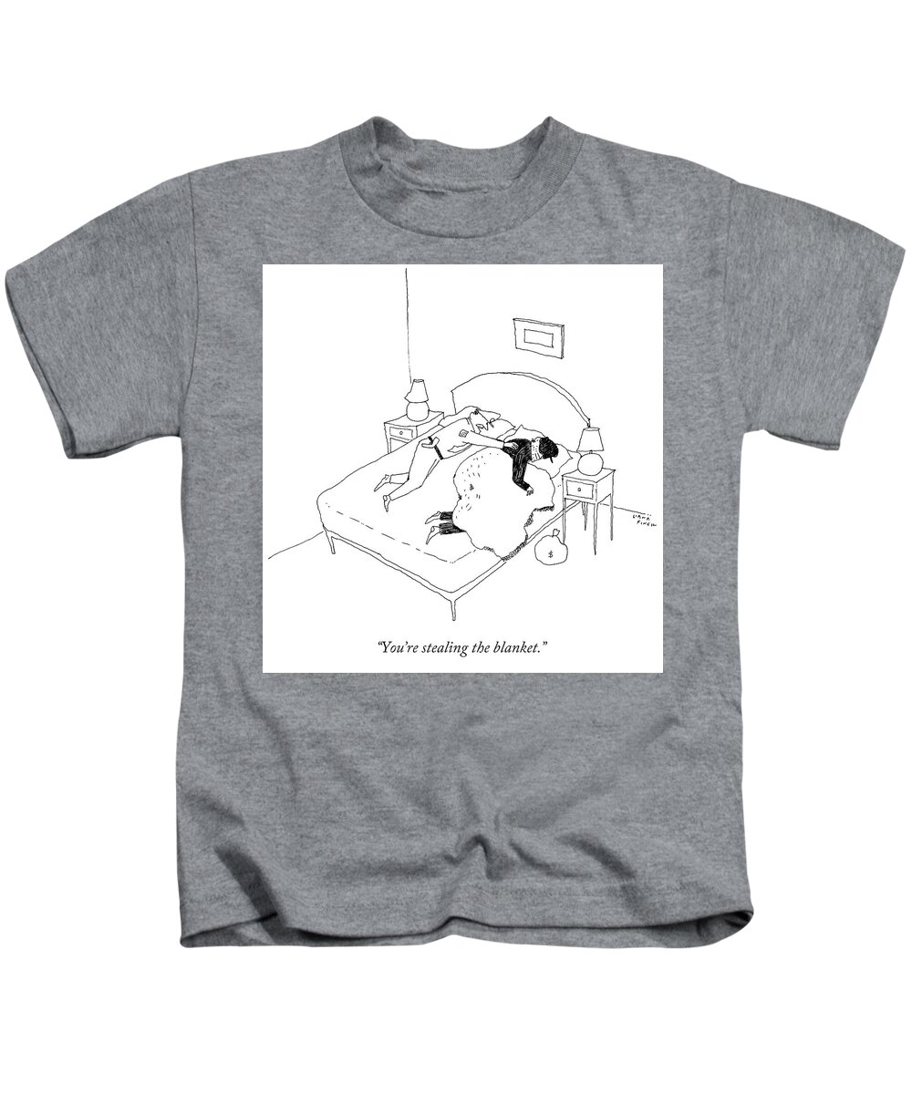 Money Bag Kids T-Shirt featuring the drawing You're stealing the blanket by Liana Finck