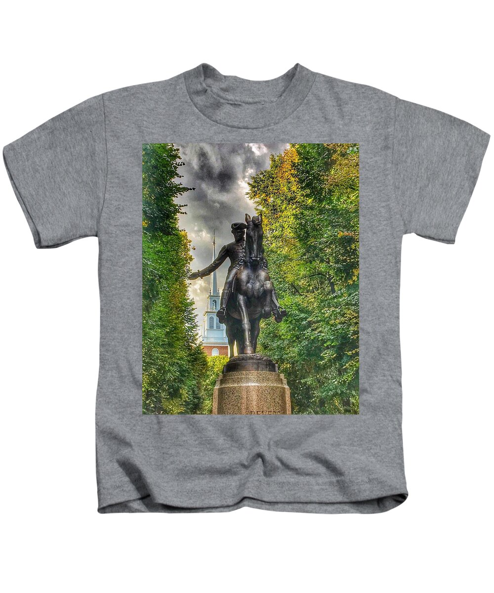 This Is A Photo Of The Paul Revere Statue At The Old North Church In Boston Massachusetts. Kids T-Shirt featuring the photograph The Clouds of War by Bill Rogers