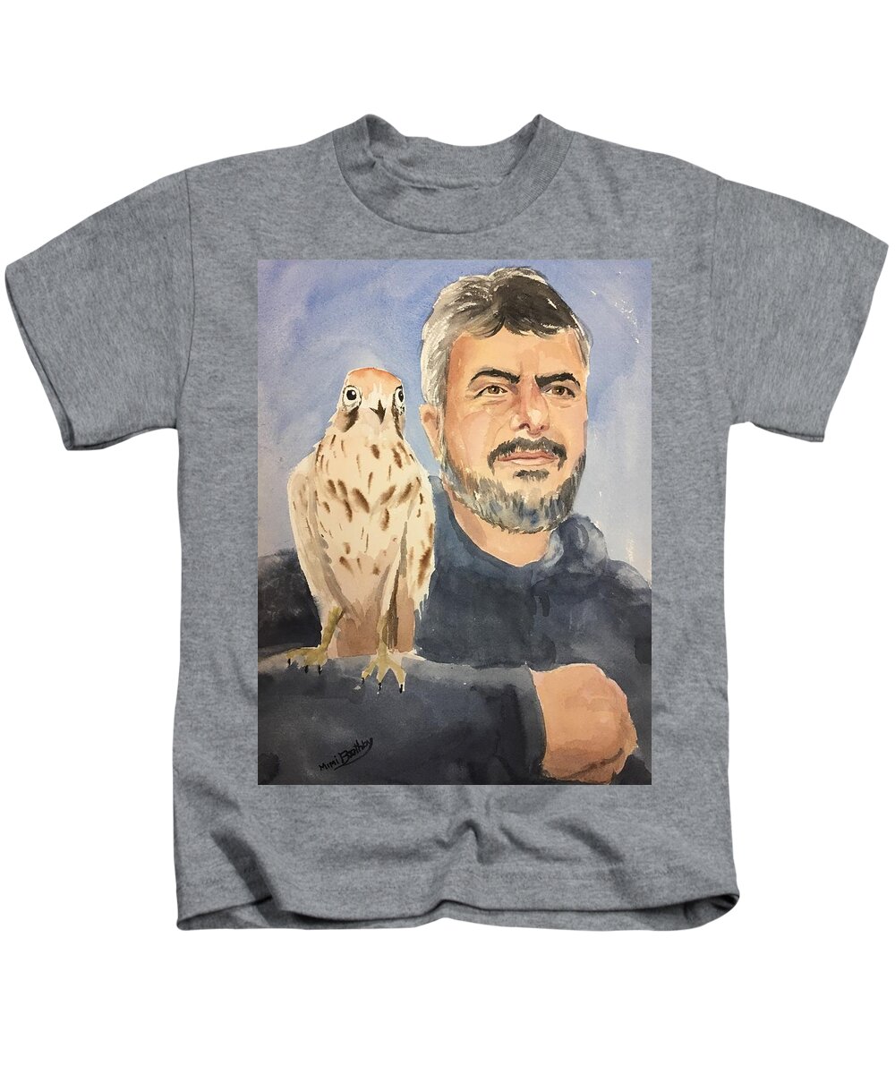  Kids T-Shirt featuring the painting Dr Yoossef and Mr hawky by Mimi Boothby