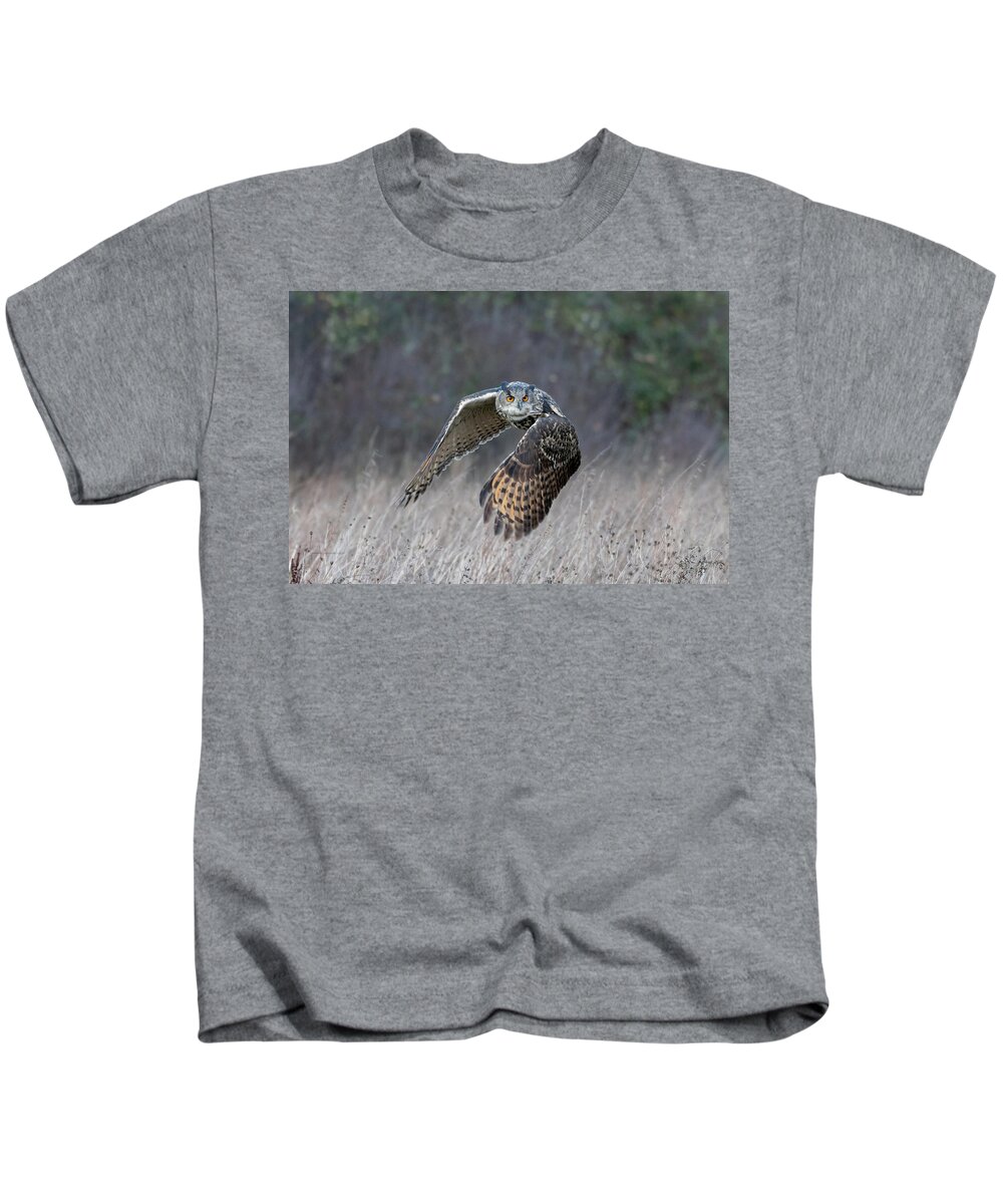 Owl Kids T-Shirt featuring the photograph Eurasian Eagle Owl Flying #1 by Mark Hunter