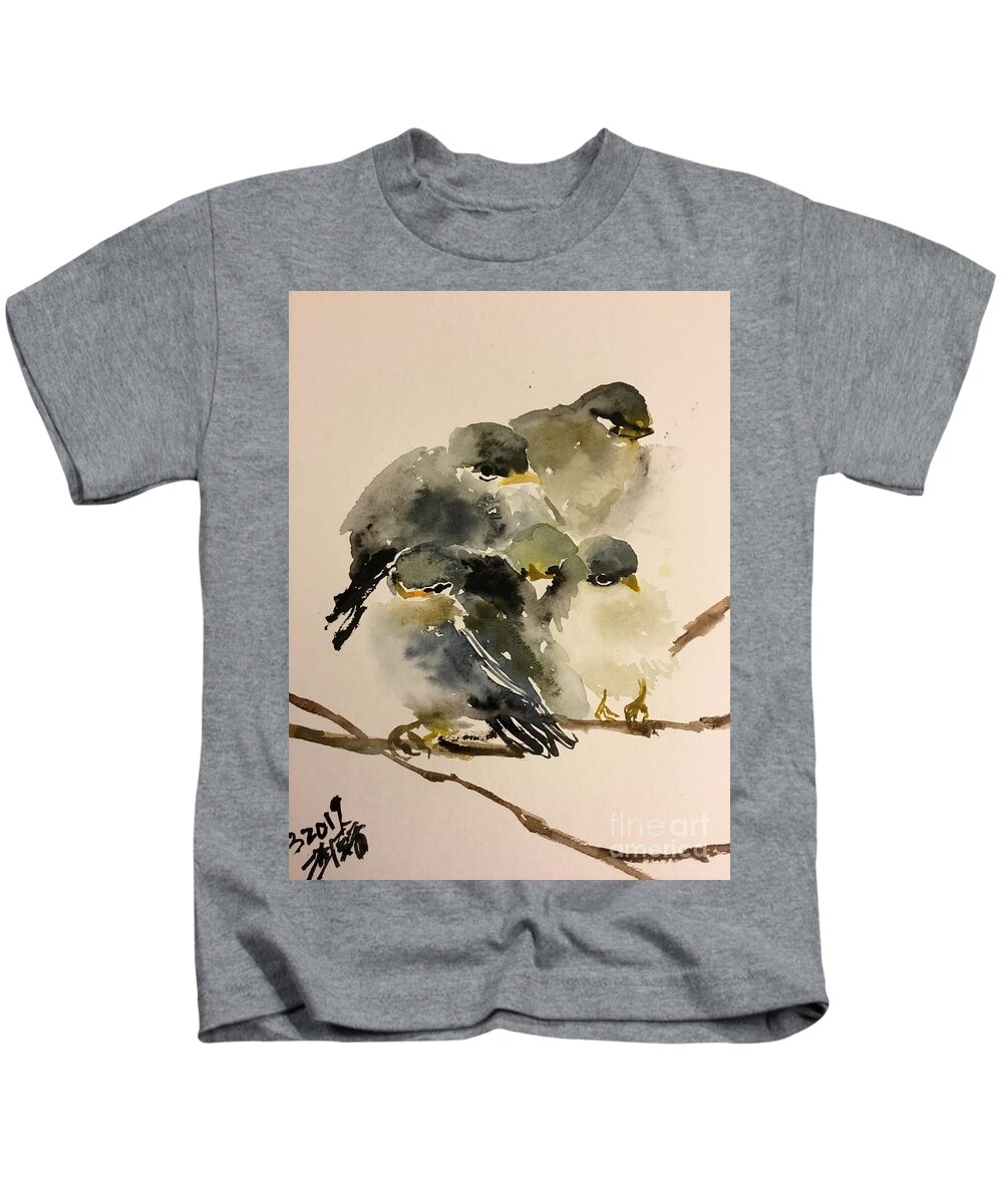 A Group Of Resting Birds Cuddling Together Kids T-Shirt featuring the painting 1062019 by Han in Huang wong