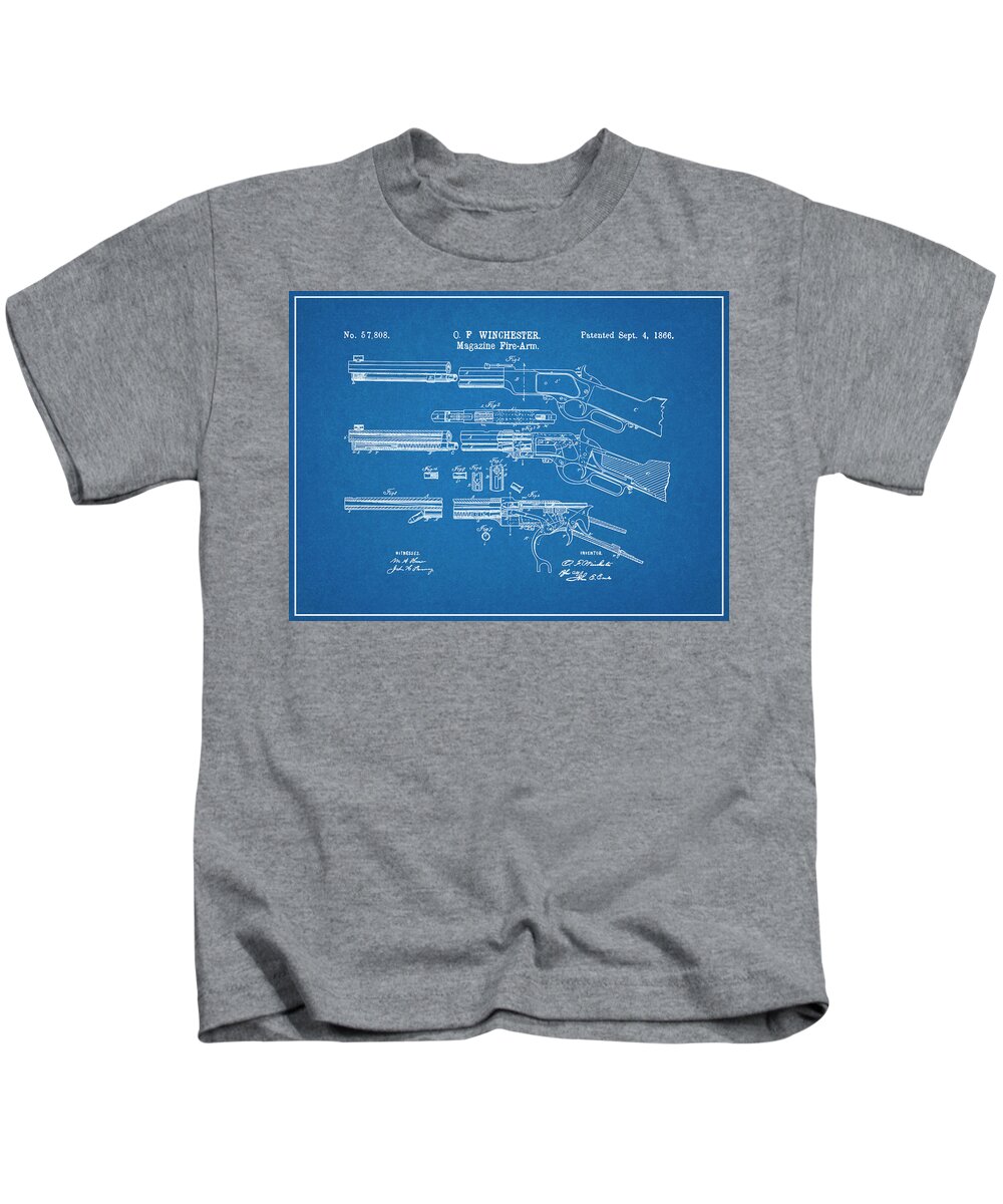 1866 Winchester Lever Action Rifle Patent Print Kids T-Shirt featuring the drawing 1866 Winchester Lever Action Rifle Blueprint Patent Print by Greg Edwards