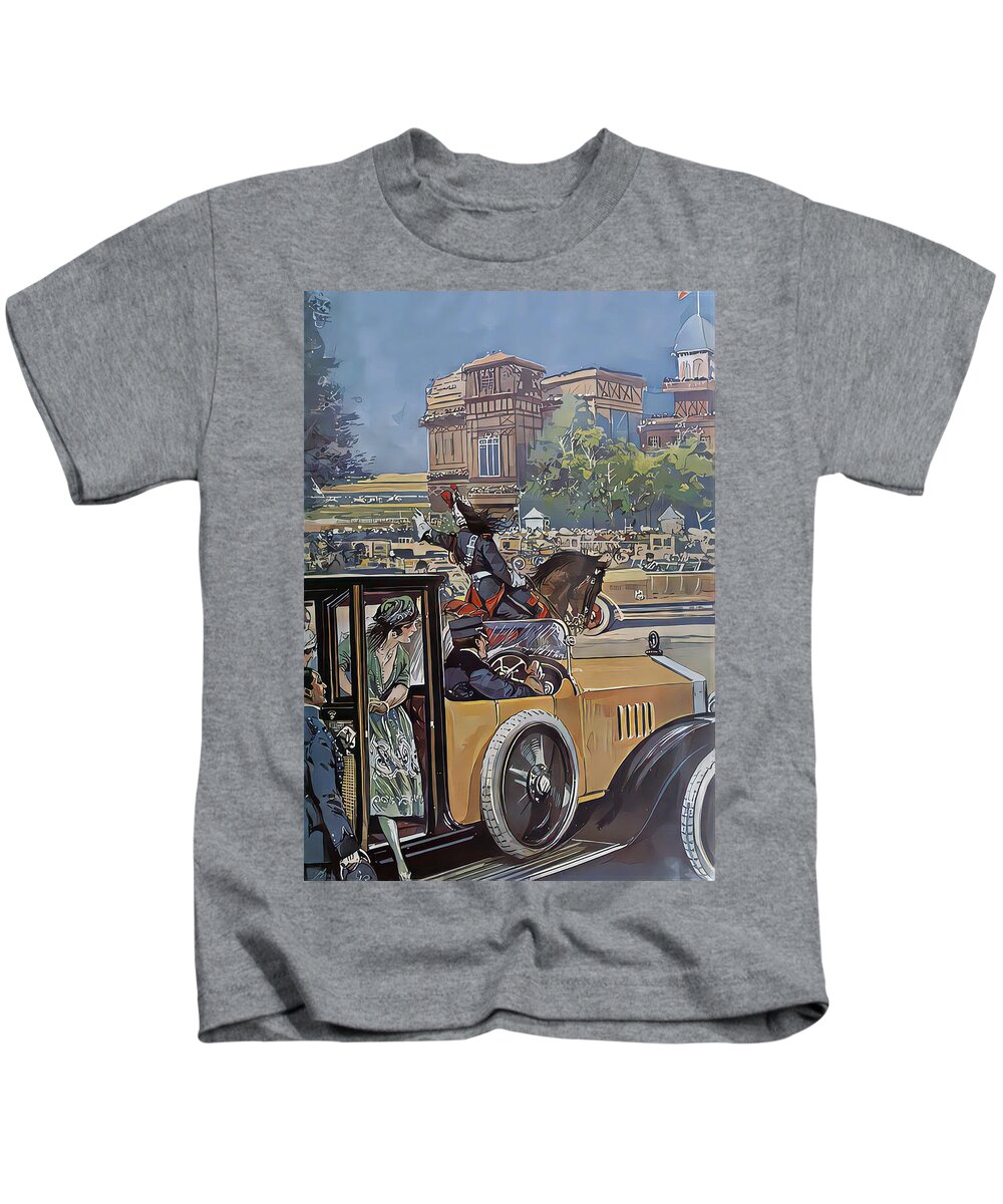 Vintage Kids T-Shirt featuring the mixed media 1921 Formal Vehicle With Driver And Passengers Elegant City Setting Original French Art Deco Illustration by Retrographs