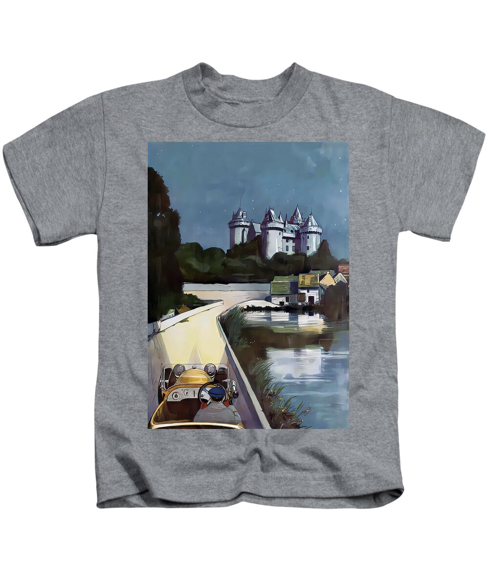 Vintage Kids T-Shirt featuring the mixed media 1923 Sports Car With Driver Approaching Lakeside Castle Original French Art Deco Illustration by Retrographs