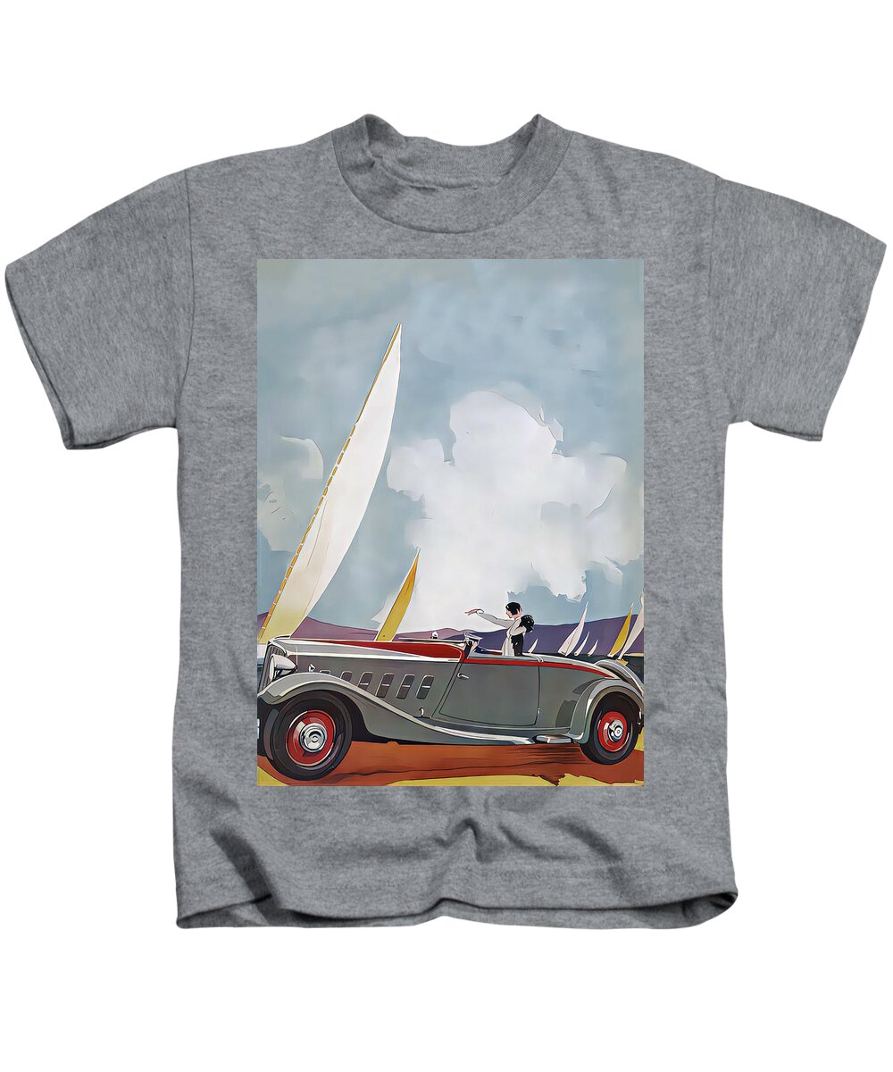 Vintage Kids T-Shirt featuring the mixed media 1934 Panhard Roadster With Woman Occupant With Sailboats Original French Art Deco Illustration by Retrographs