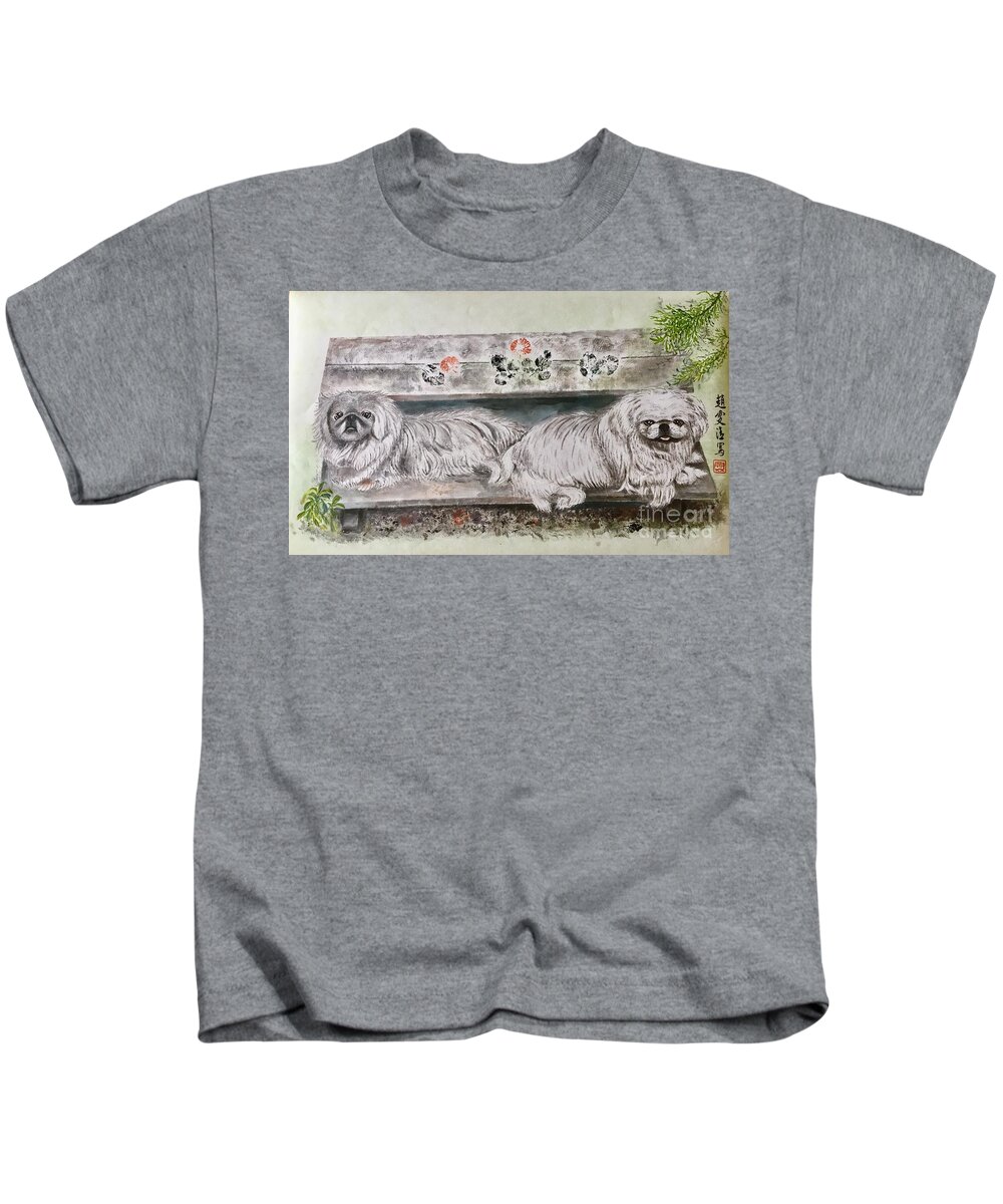 Pekes Dog Kids T-Shirt featuring the painting Two Pekes Dogs by Carmen Lam