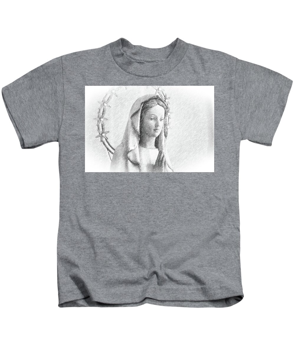 Blessed Virgin Mary Kids T-Shirt featuring the photograph pencil sketch with vignette of Blessed Virgin Mary #2 by Vivida Photo PC