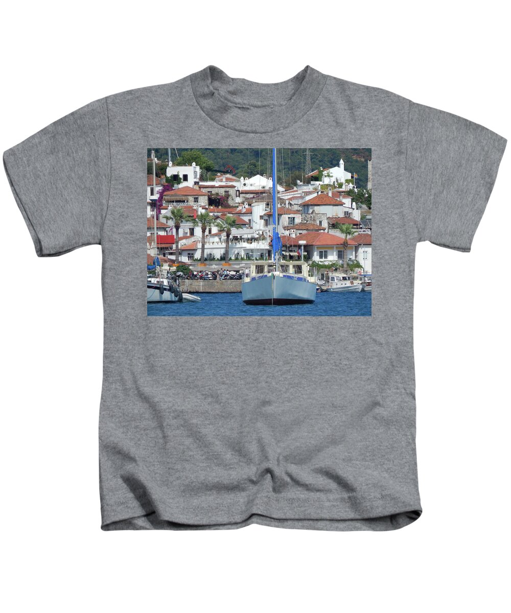 Marmaris Kids T-Shirt featuring the photograph Yachting marina of Marmaris in Turkey resort town on the Aegean #4 by Oleg Prokopenko