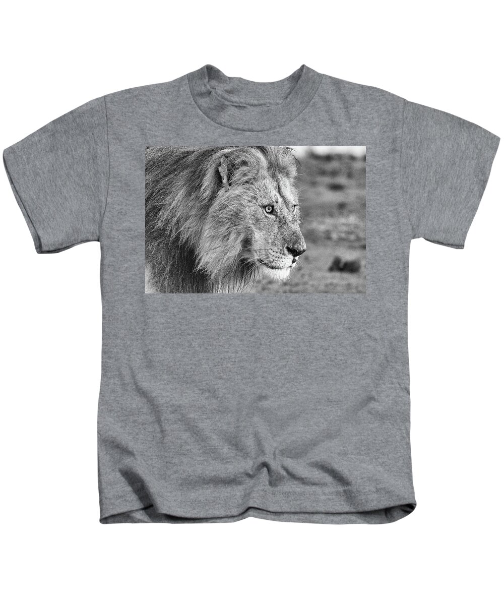 Lion Kids T-Shirt featuring the photograph A Monochrome Male Lion by Mark Hunter