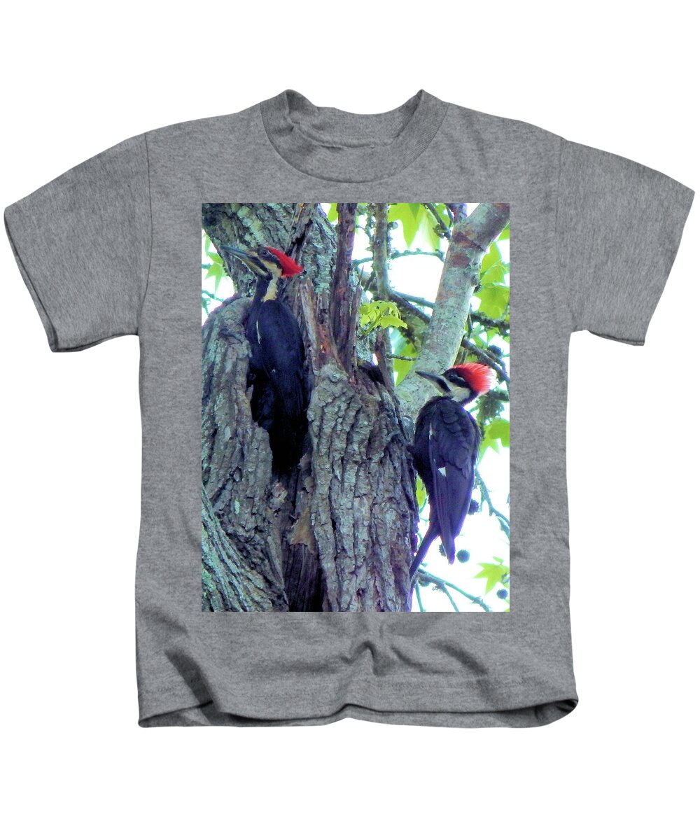 Birds Kids T-Shirt featuring the photograph A Pair of Pileated Woodpeckers by Karen Stansberry