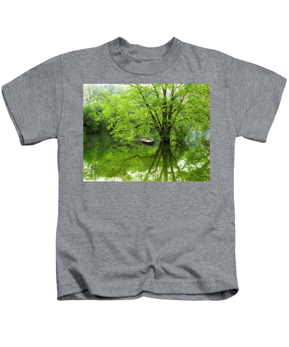 Boats Kids T-Shirt featuring the photograph After the Rain on the Valley River II by Debra and Dave Vanderlaan