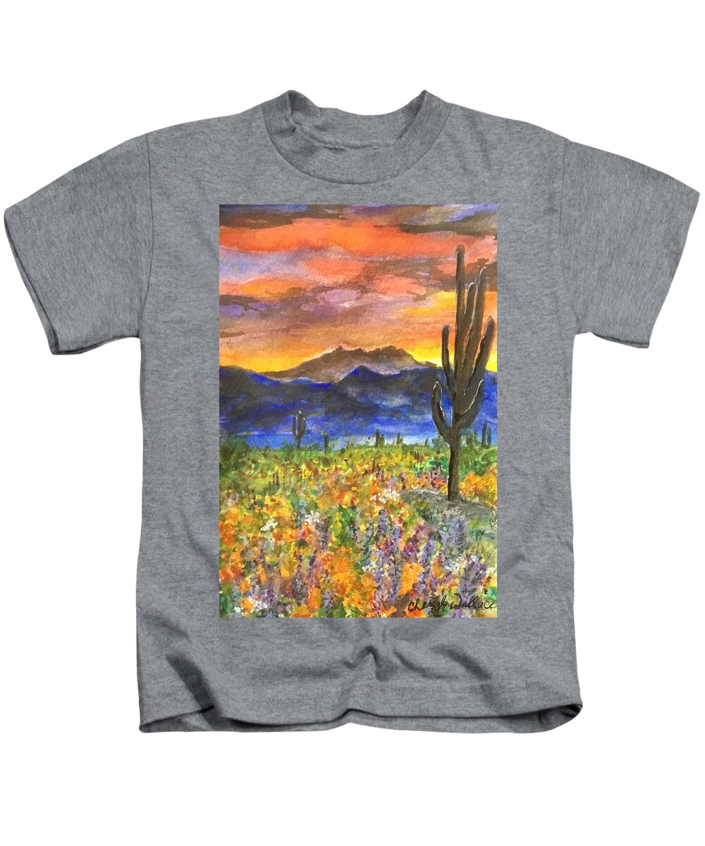 Four Peaks Kids T-Shirt featuring the painting Arizona Spring Sunrise by Cheryl Wallace