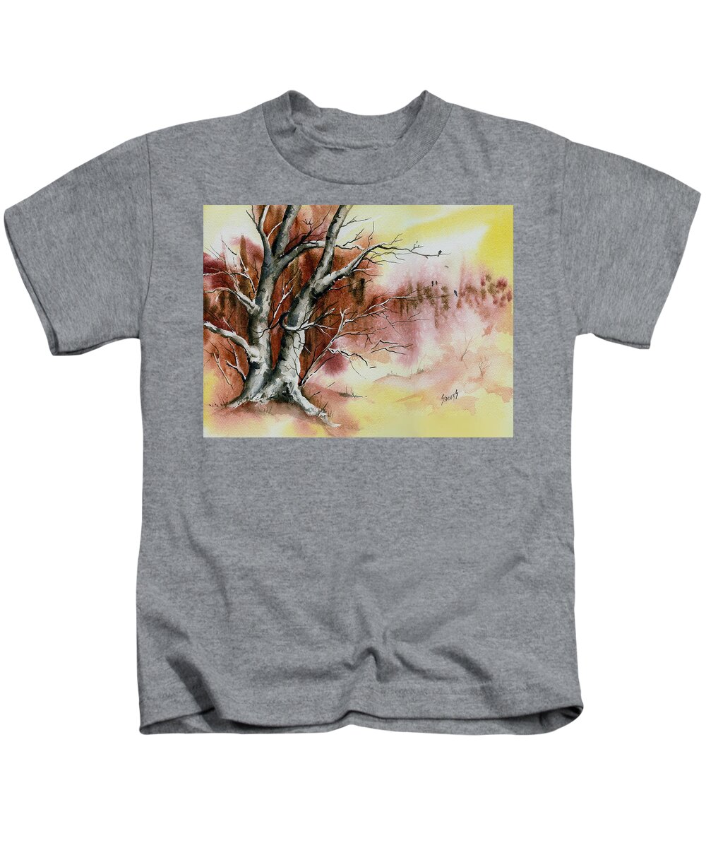 Bird Kids T-Shirt featuring the painting Autumn Tree with Birds by Sam Sidders