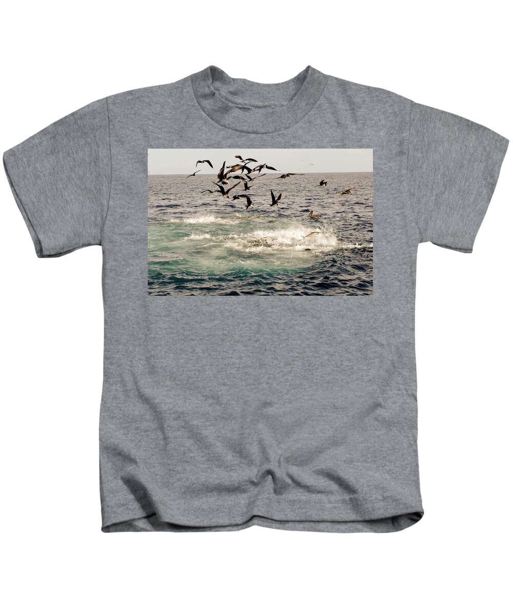 Fishing Kids T-Shirt featuring the photograph Baitball with Tuna and seabirds feeding by David Shuler
