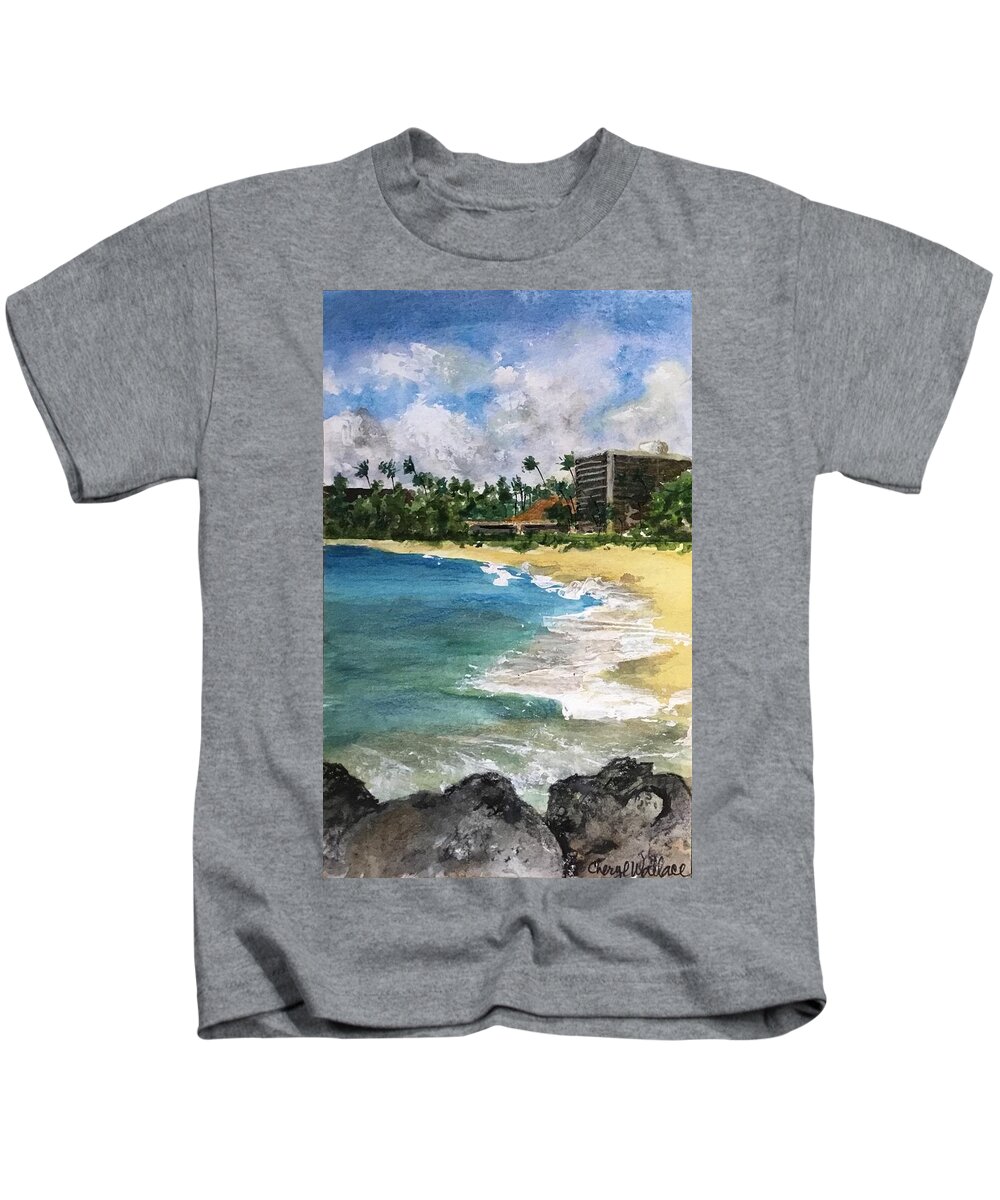 Maui Kids T-Shirt featuring the painting Beach at Lahaina by Cheryl Wallace