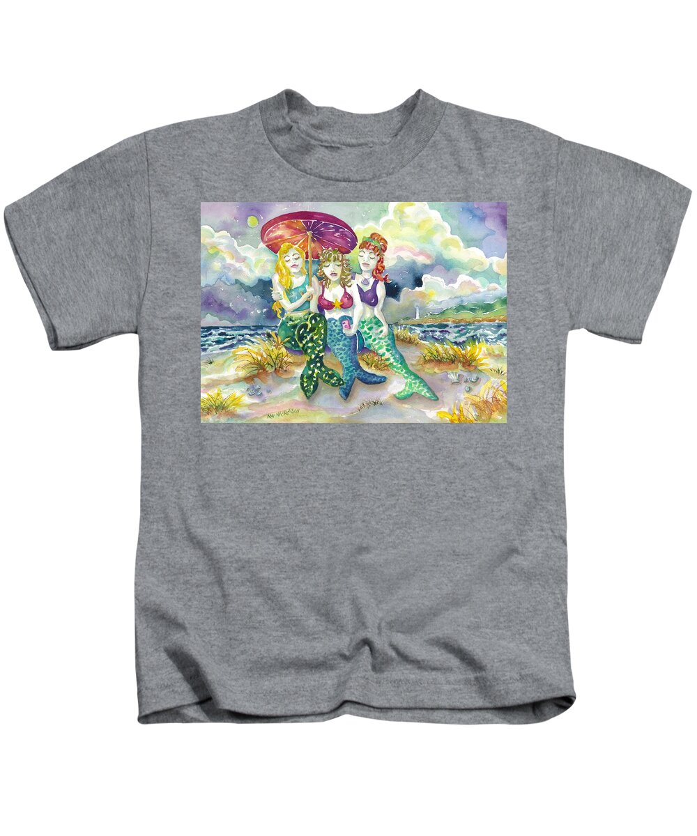 Mermaids Kids T-Shirt featuring the painting Mermaid Beach Selfie by Ann Nicholson