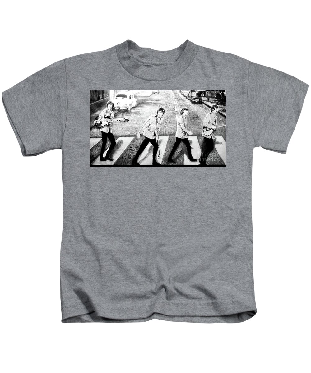 Beatles Kids T-Shirt featuring the painting Beatles other Abbey Road B/W by Leland Castro