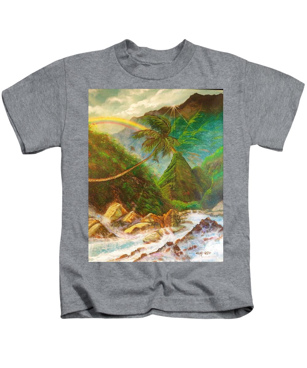 Iao Valley Needle Kids T-Shirt featuring the painting Beautiful Iao Needle Valley Maui Hawii by Leland Castro