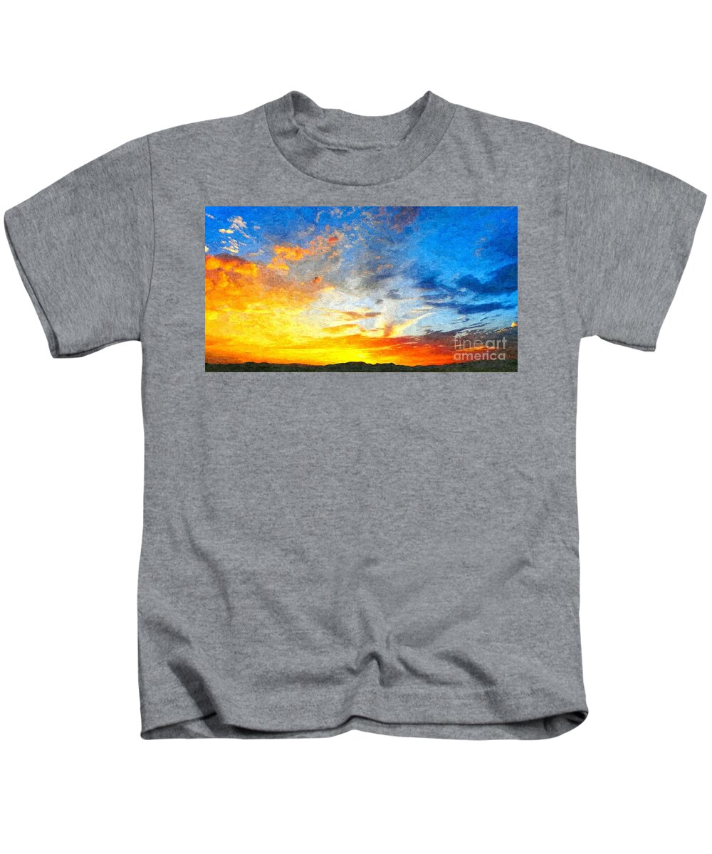 Background Kids T-Shirt featuring the photograph Beautiful sunset in landscape in nature with warm sky, digital a by Joaquin Corbalan