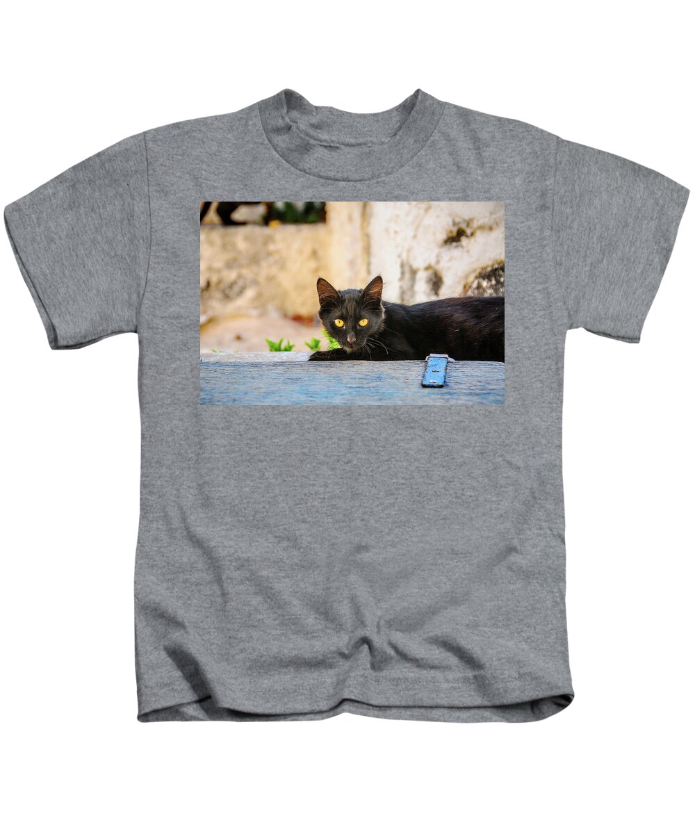 Greece Kids T-Shirt featuring the photograph Black Cat by Tito Slack