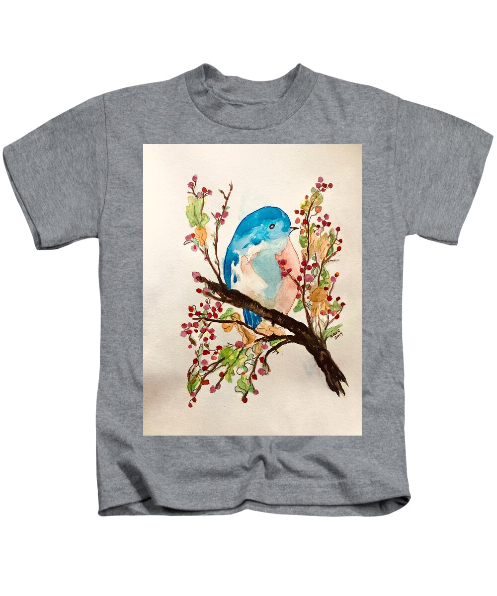 Bluebird Kids T-Shirt featuring the painting Blue Bird by AHONU Aingeal Rose