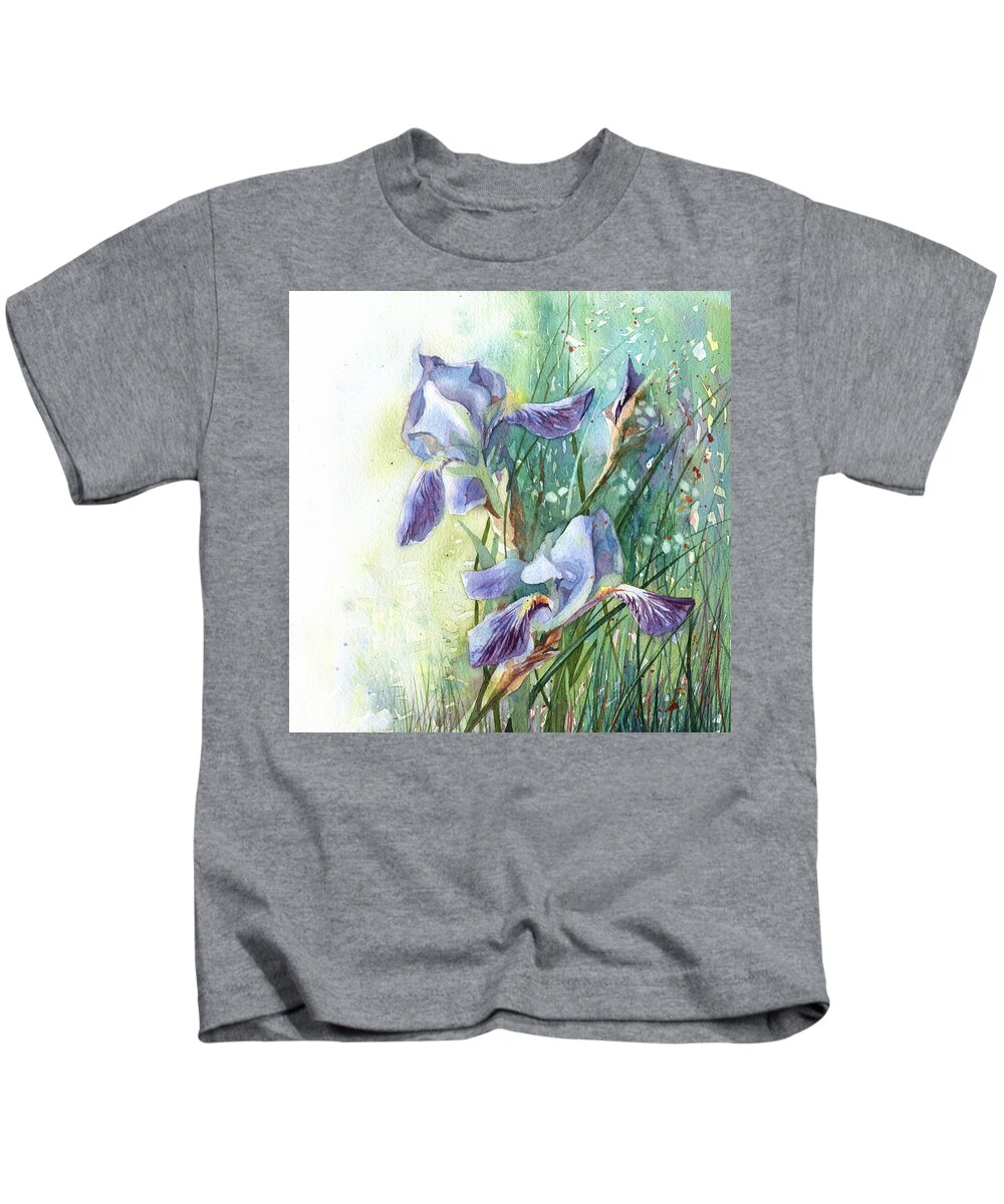 Russian Artists New Wave Kids T-Shirt featuring the painting Blue Irises Fairytale by Ina Petrashkevich