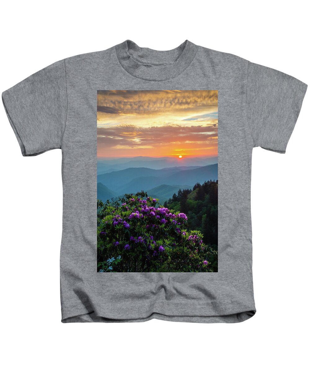 Spring Kids T-Shirt featuring the photograph Blue Ridge Parkway Asheville NC Rhododendron Sunset Scenic by Robert Stephens