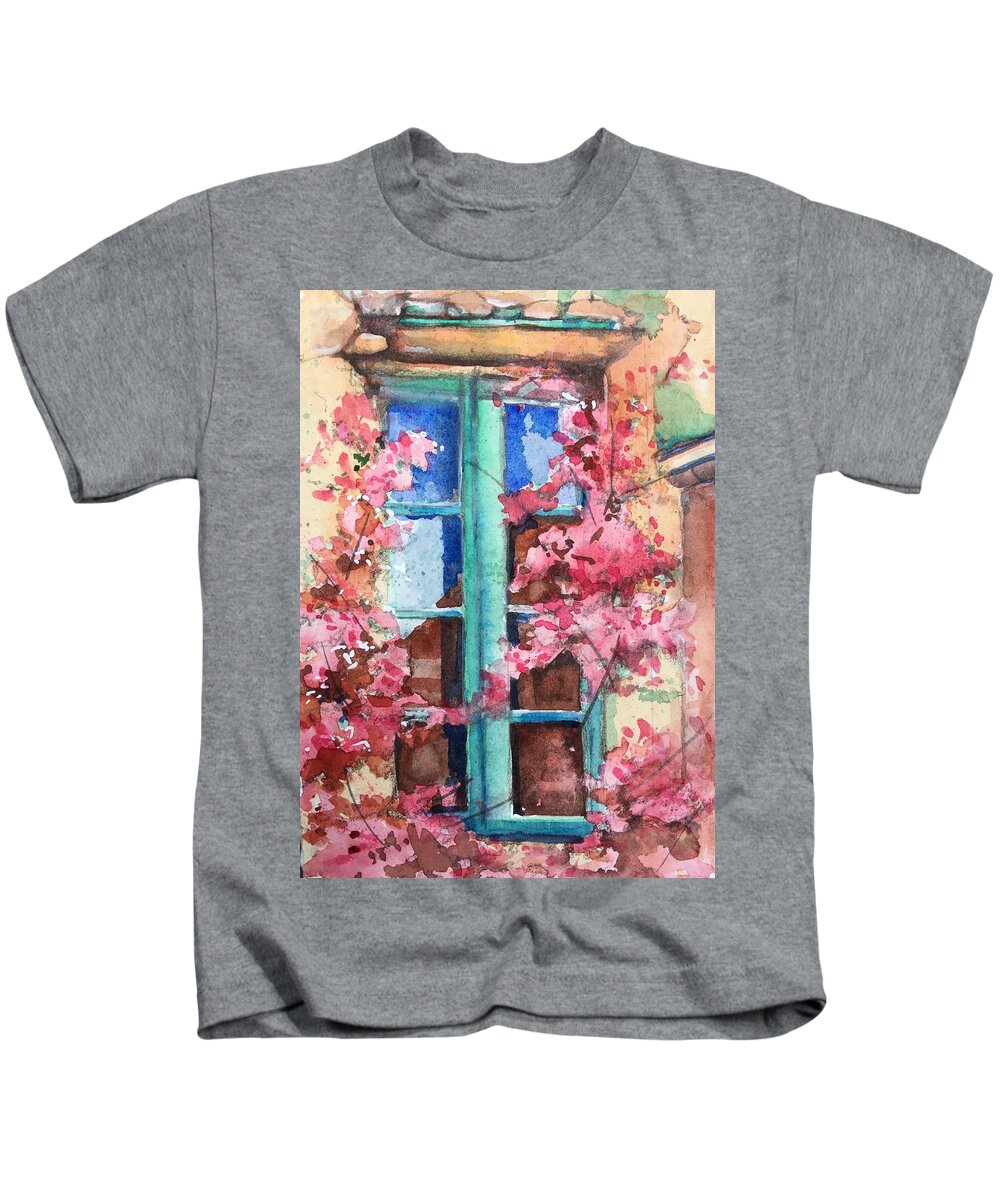 Watercolor Window Kids T-Shirt featuring the painting Bougainvillea reflections by Rebecca Matthews