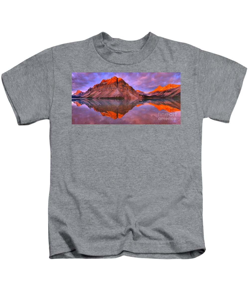 Bow Lake Kids T-Shirt featuring the photograph Bow Lake Summer Sunrise Reflections by Adam Jewell