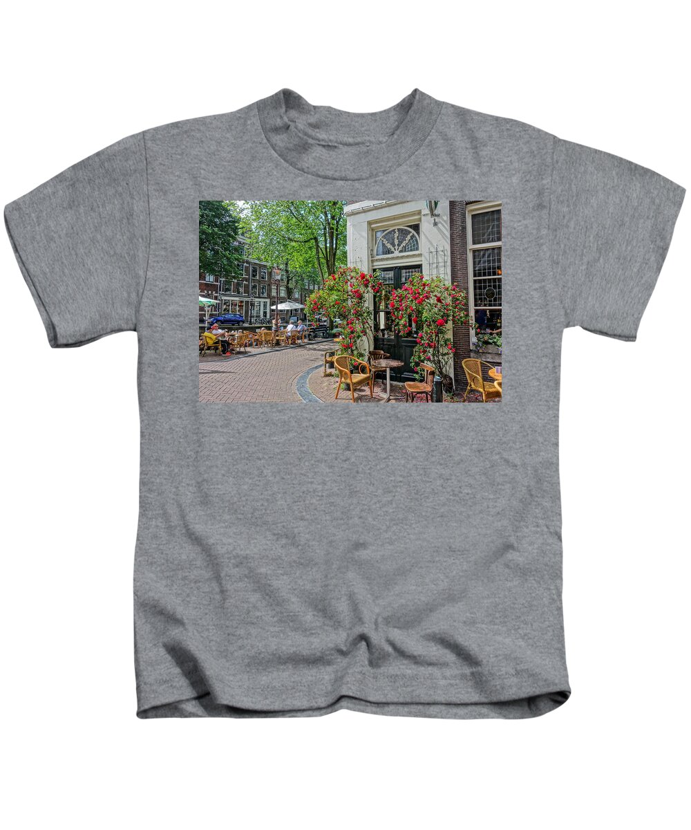 Cafe Kids T-Shirt featuring the photograph Cafe t'Smalle Amsterdam by Patricia Caron