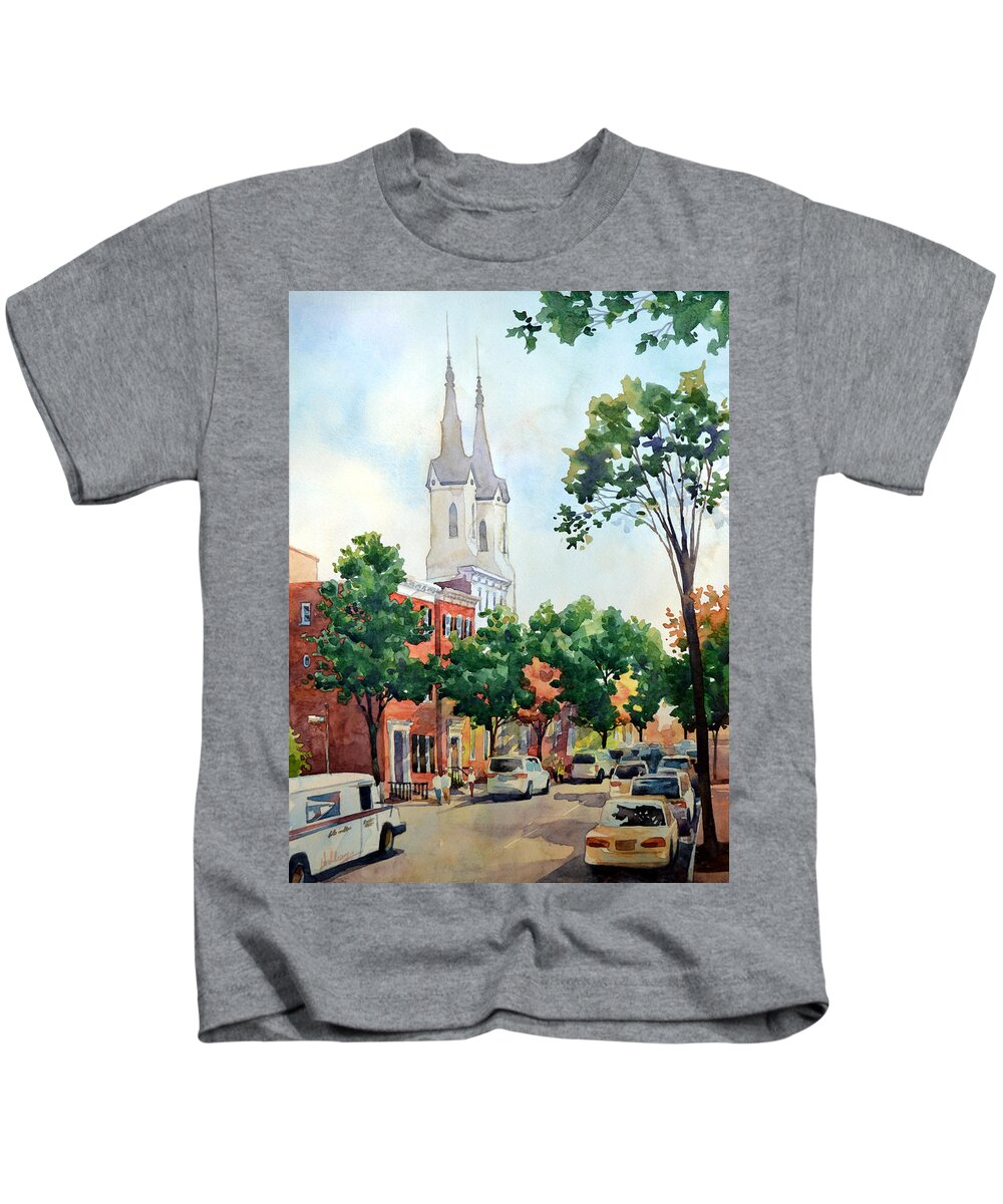 #landscape #cityscape #fineart #frederickmd #clusteredspires #watercolor #watercolorpainting #artinfrederick Kids T-Shirt featuring the painting Church Street Spires by Mick Williams