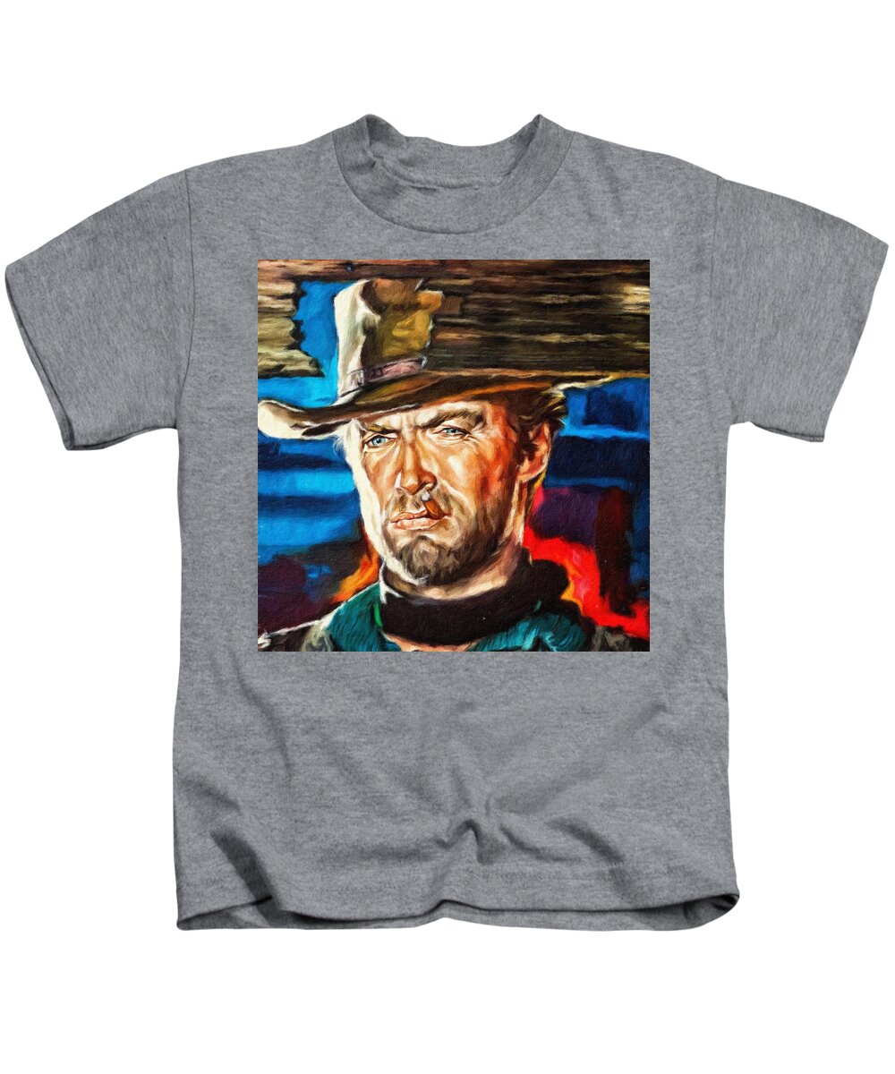 Clint Eastwood Kids T-Shirt featuring the painting Clint Eastwood, portrait by Vincent Monozlay
