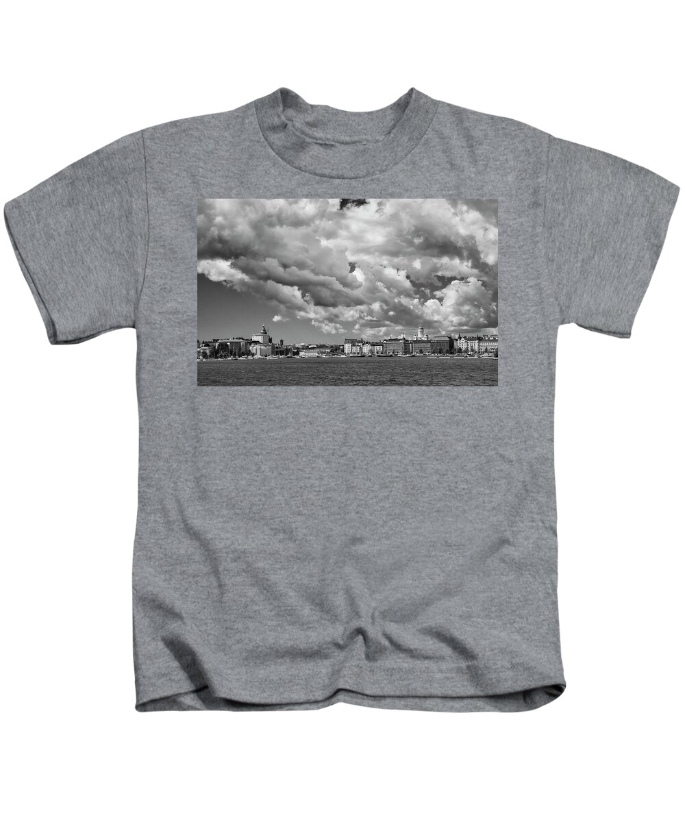 Helsinki; Finland; Clouds; Europe; Scandinavia; Baltic; Baltic Sea; Black And White; Black White Kids T-Shirt featuring the photograph Clouds over Helsinki by Mick Burkey