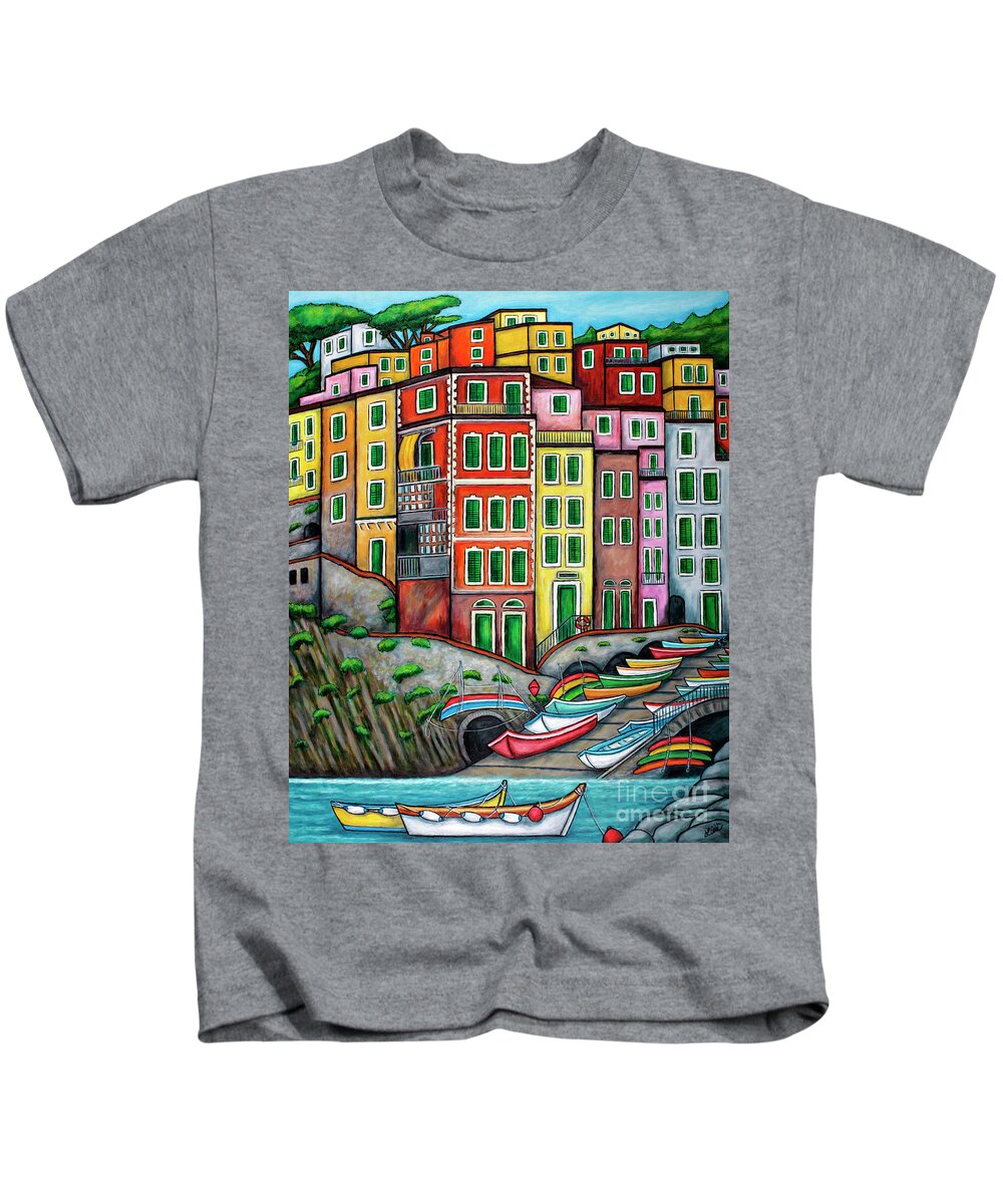 Italy Kids T-Shirt featuring the painting Colours of Riomaggiore, Cinque Terre by Lisa Lorenz