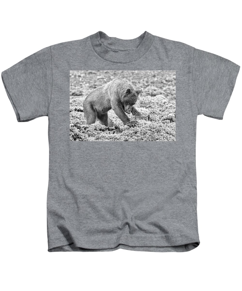 Bear Kids T-Shirt featuring the photograph Concentrating Coastal Brown Bear in Monochrome by Mark Hunter