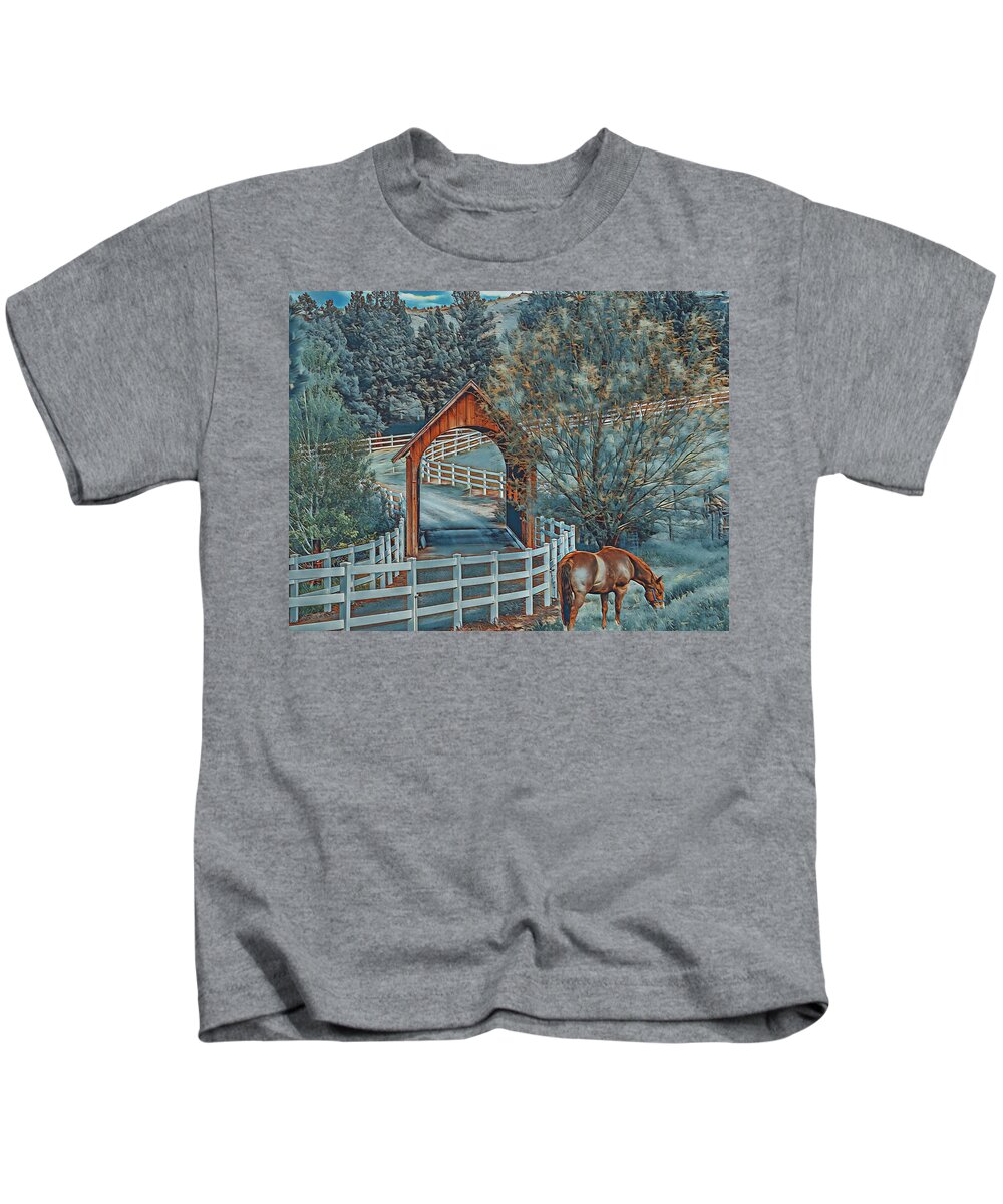 Horse Kids T-Shirt featuring the digital art Country Scene by Jerry Cahill