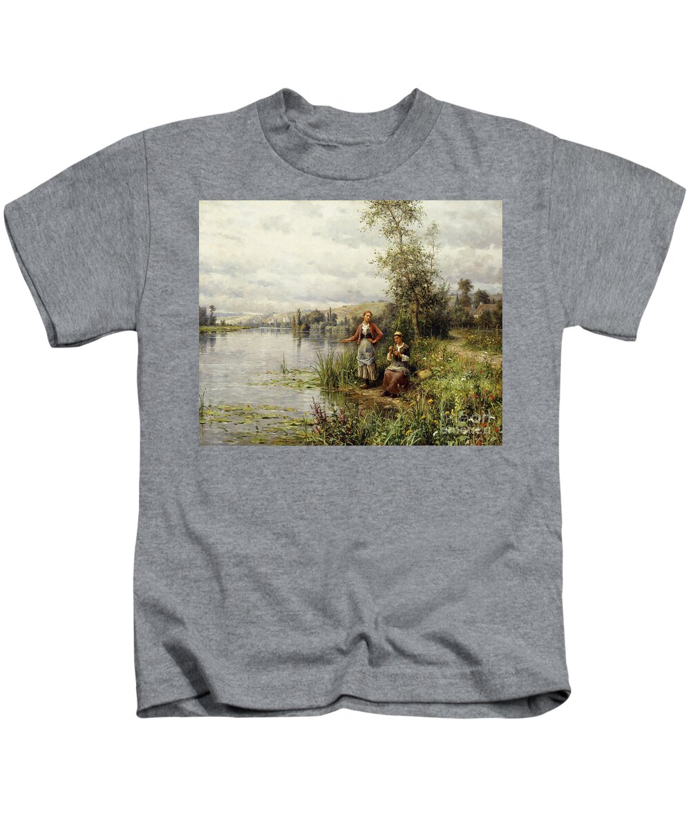 Country Women Fishing On A Summer Afternoon Kids T-Shirt by Louis