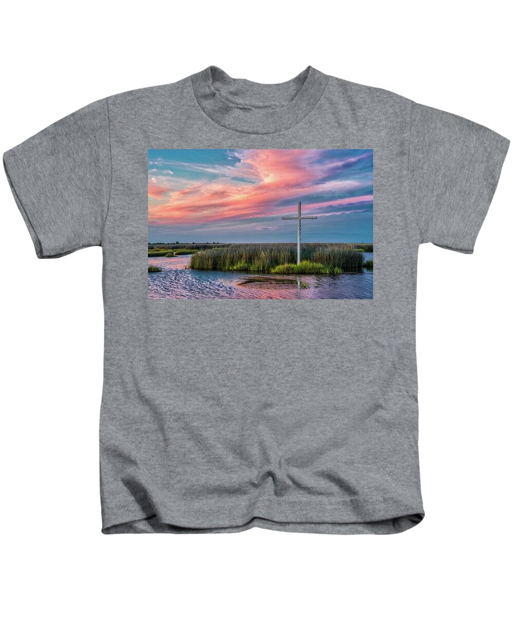 Poquoson Kids T-Shirt featuring the photograph Cross at Sunset by Jerry Gammon